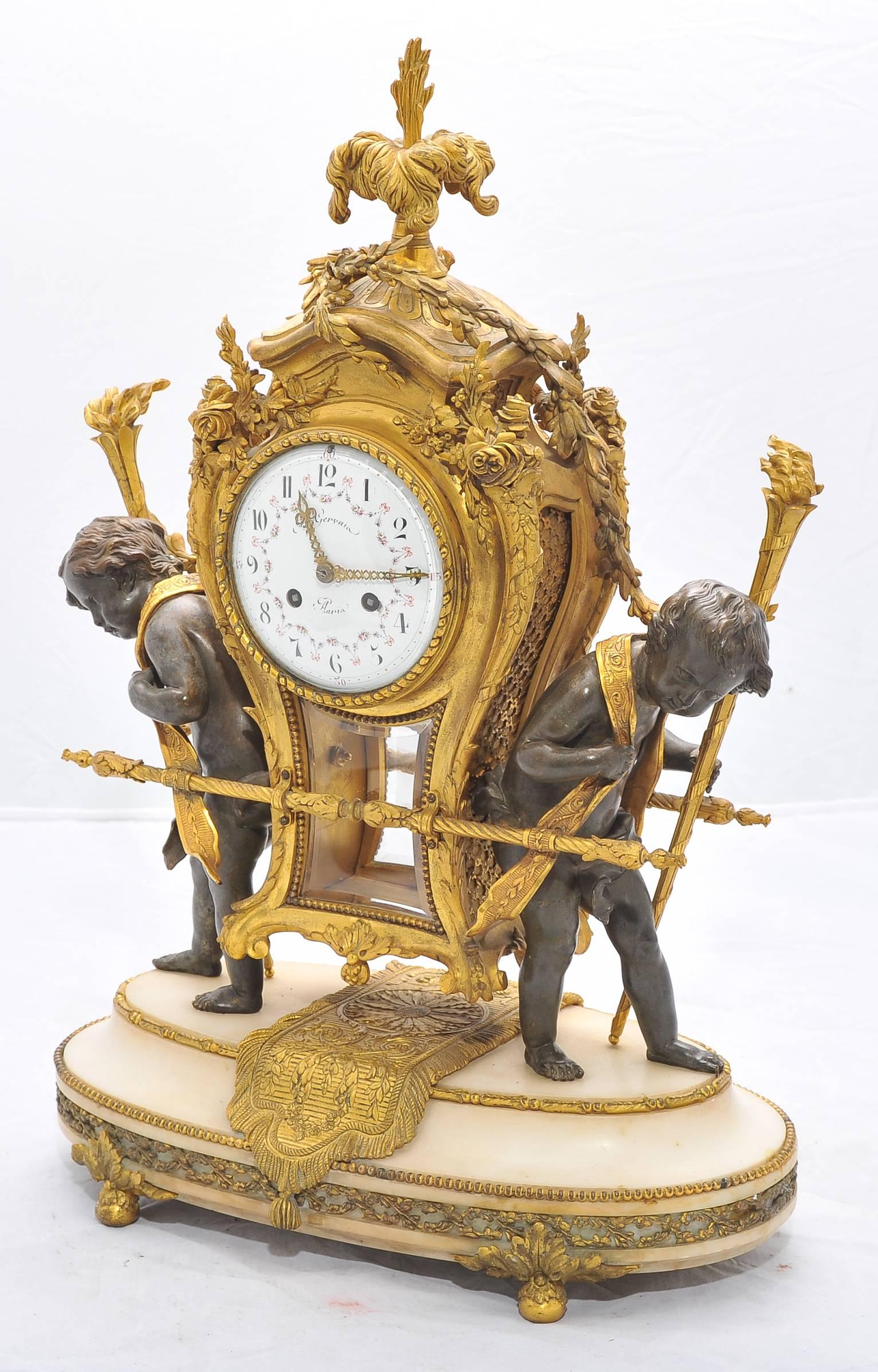 A very impressive good quality 19th century French gilded ormolu, bronze and white marble mantel clock. Having scrolling foliate and ribbon decoration, two putti carrying the eight day striking clock. Mounted on a white marble ormolu-mounted plinth.
