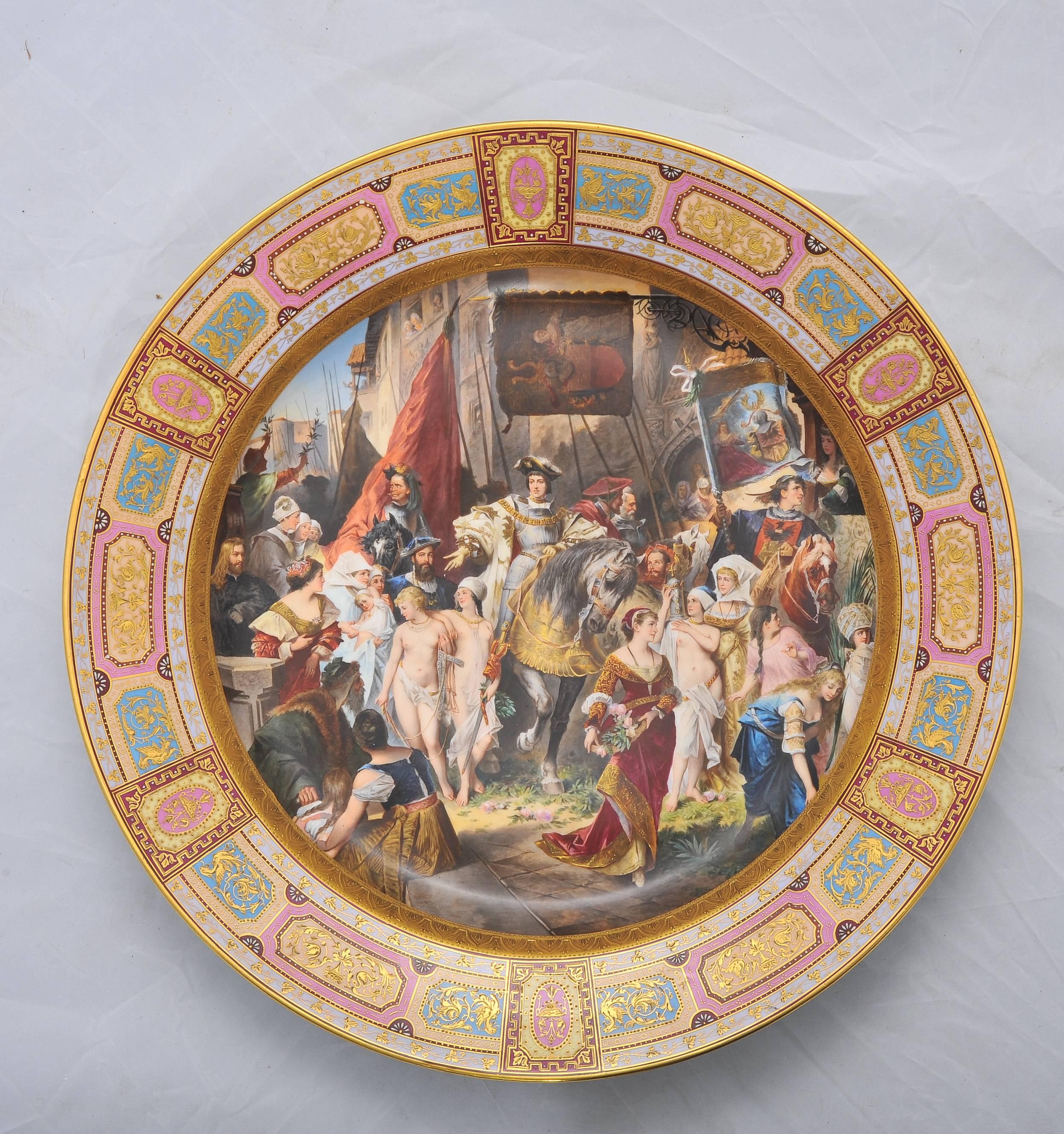 A large and impressive, fine quality Vienna porcelain charger, having a hand-painted scene depicting Kaiser Karl V in Antwerp.
Vienna porcelain mark to the base.