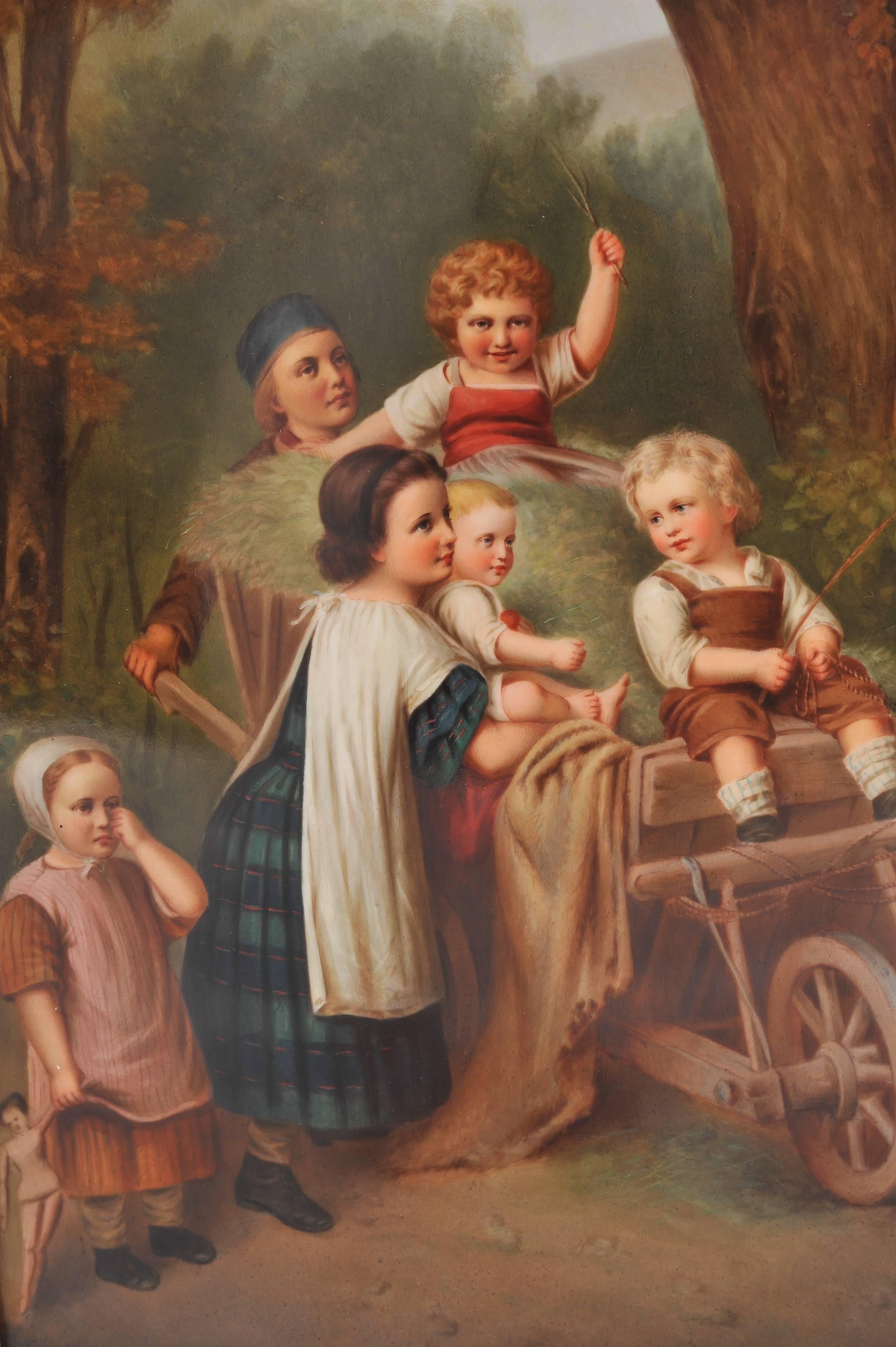 A large and impressive KPM Porcelain plaque, entitled 'Children under a tree'
Mounted in a carved frame.