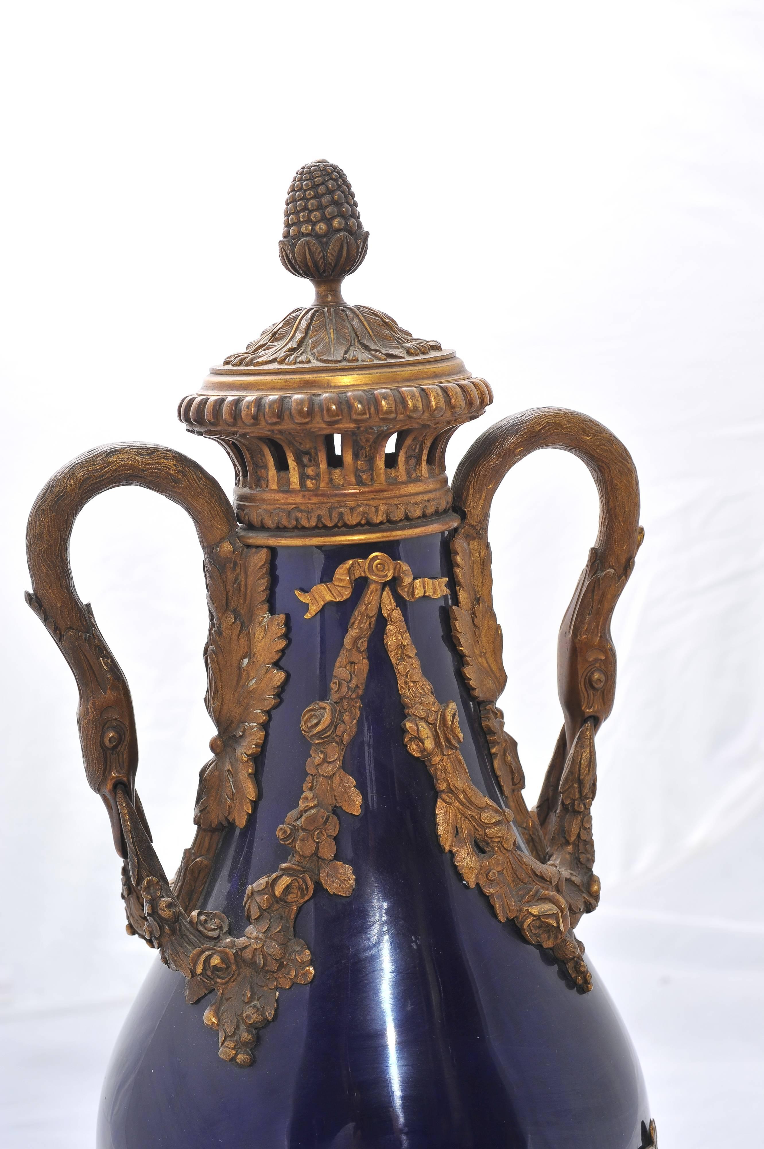 French Pair of 19th Century Sèvres Blue, Ormolu Vases For Sale