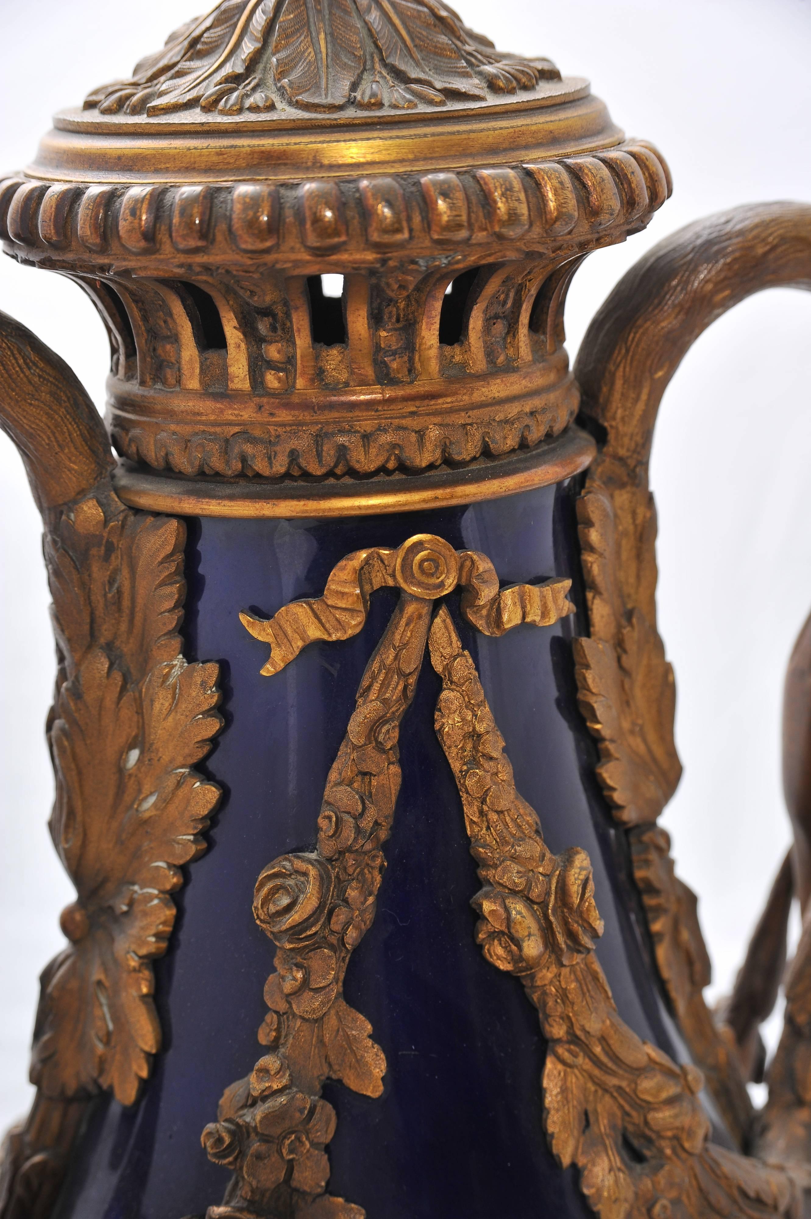 Pair of 19th Century Sèvres Blue, Ormolu Vases In Good Condition For Sale In Brighton, Sussex