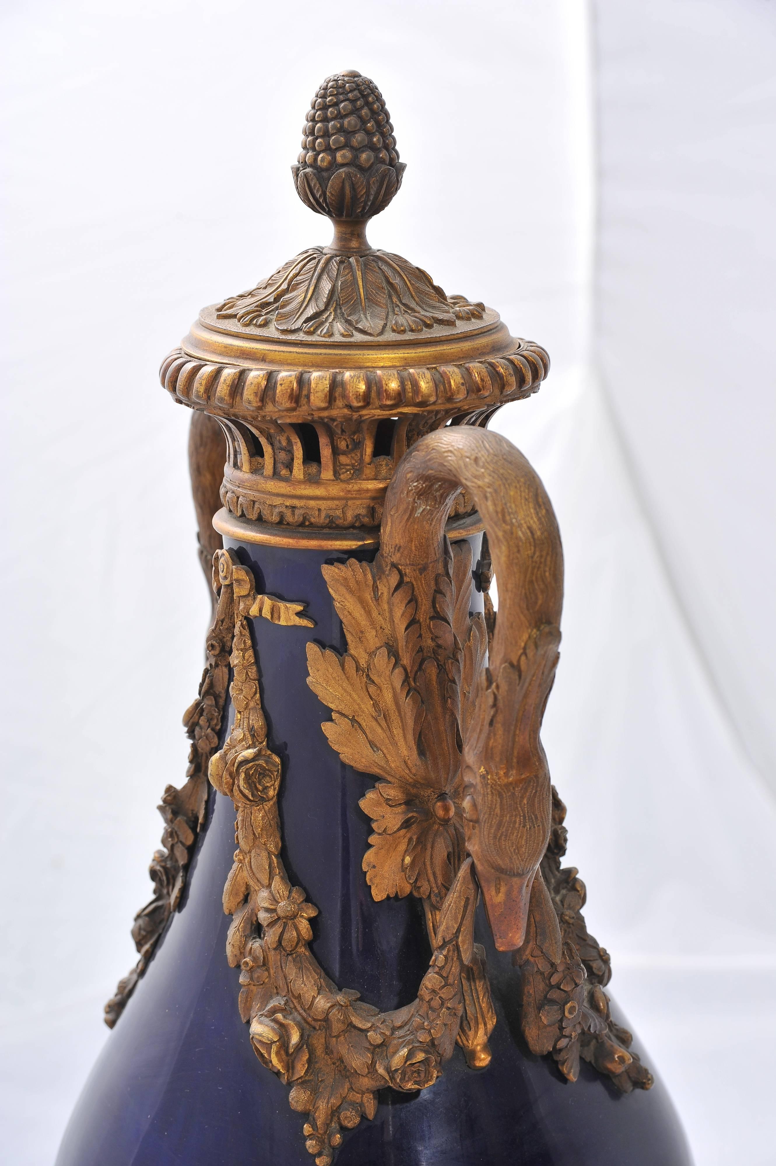 Pair of 19th Century Sèvres Blue, Ormolu Vases For Sale 2