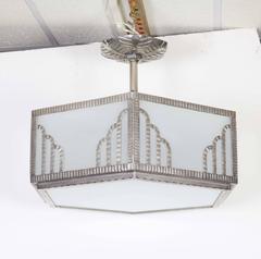 French Art Deco Hexagonal Chandelier in Frosted Glass and Nickeled Iron