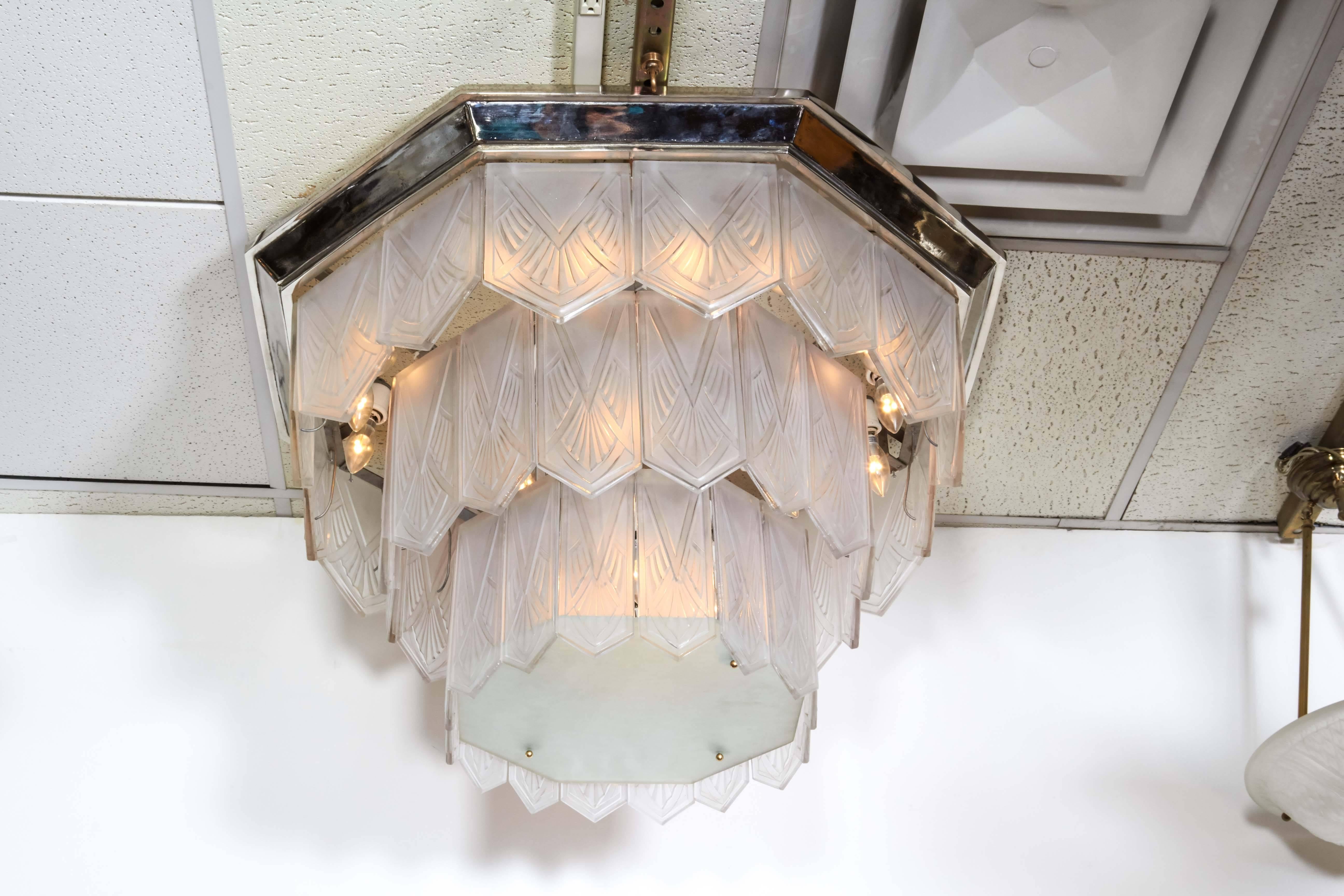 20th Century Palatial French Art Deco Frosted Art Glass Octagonal Chandelier, Signed Sabino For Sale