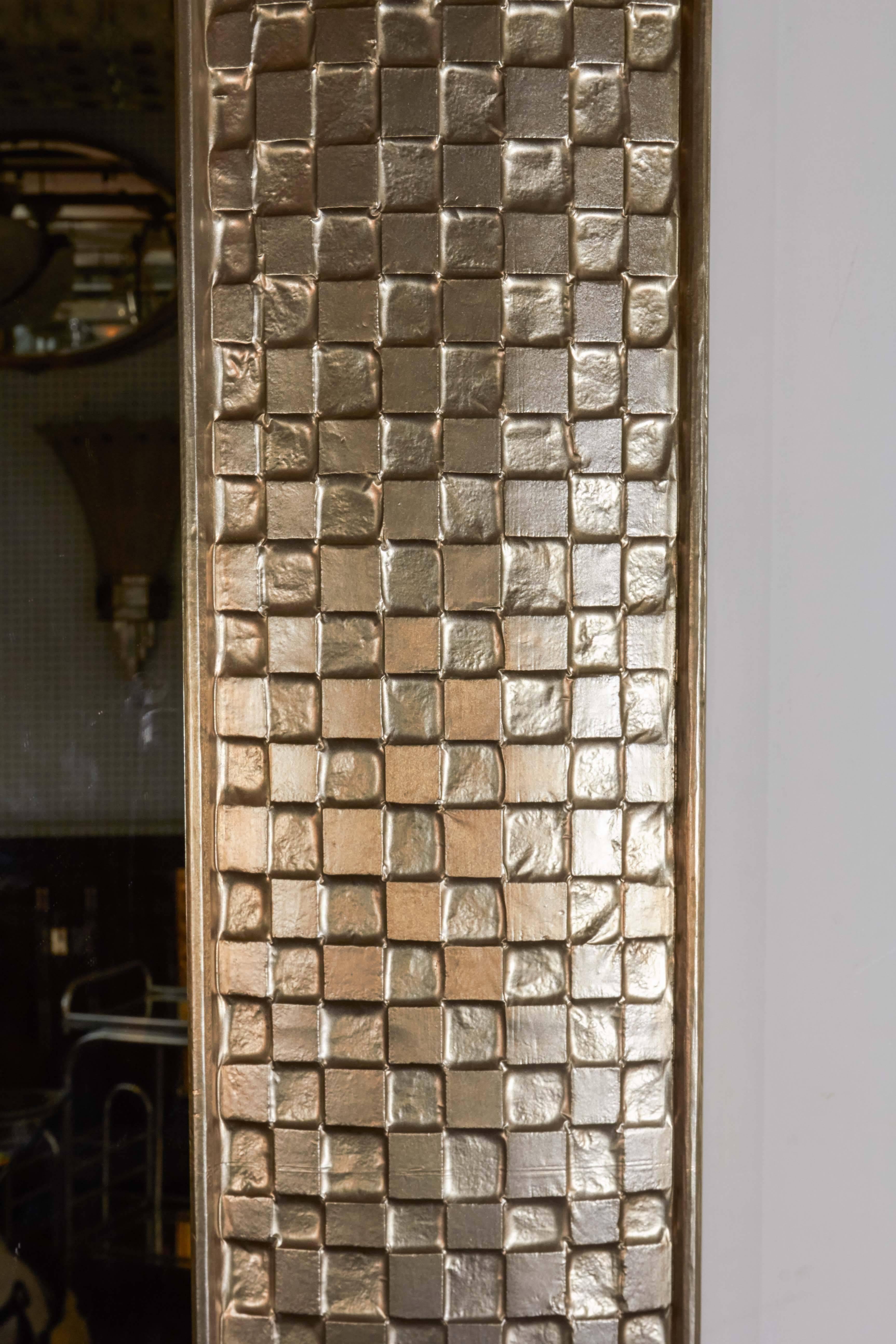 Very Tall Metal Clad Rectangular Mirror with Cubist Motif in Silvery, White Gold In Good Condition In New York City, NY