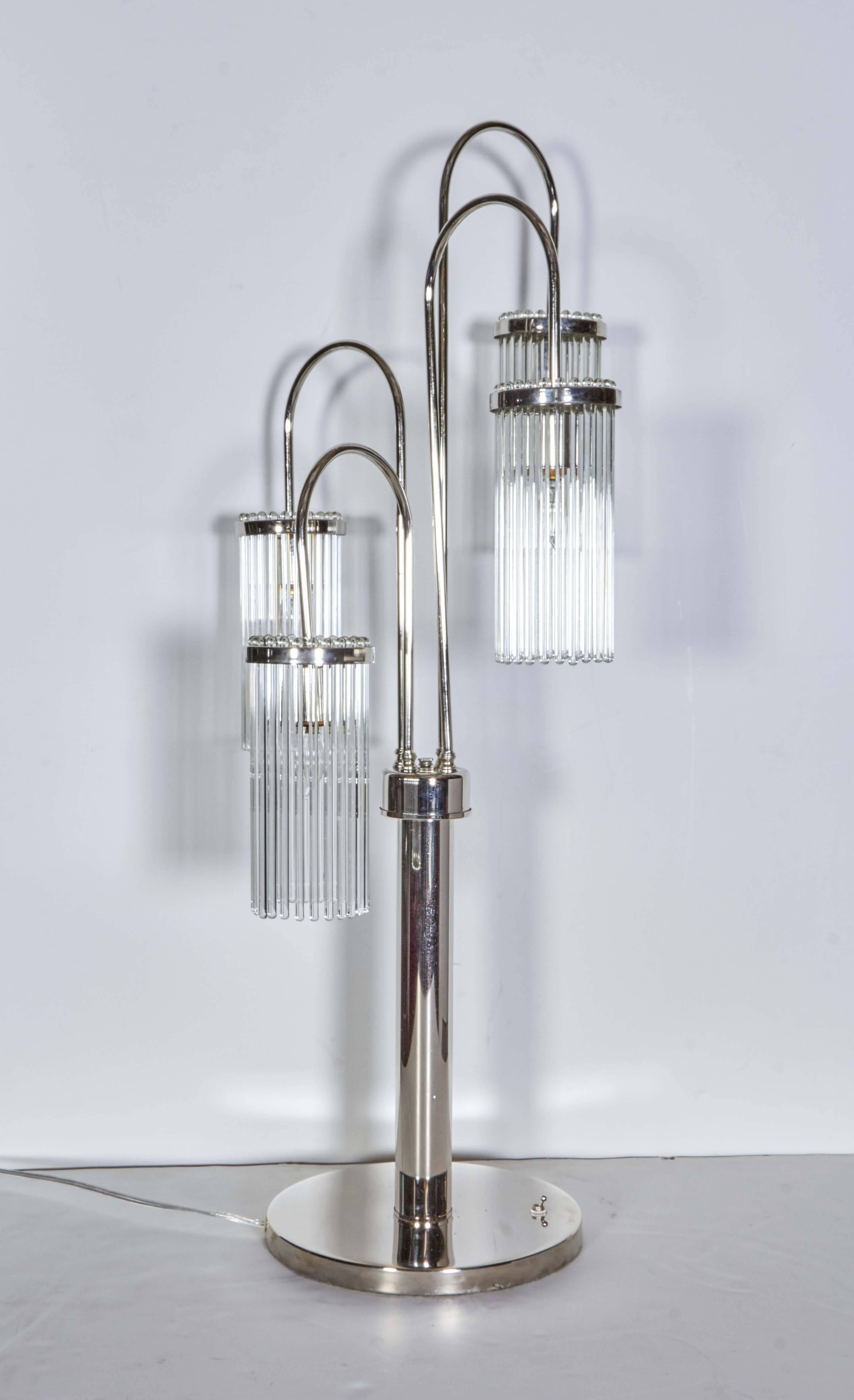 Steel Tall Pair of Polished Nickel and Glass Rod Modernist Table Lamps For Sale