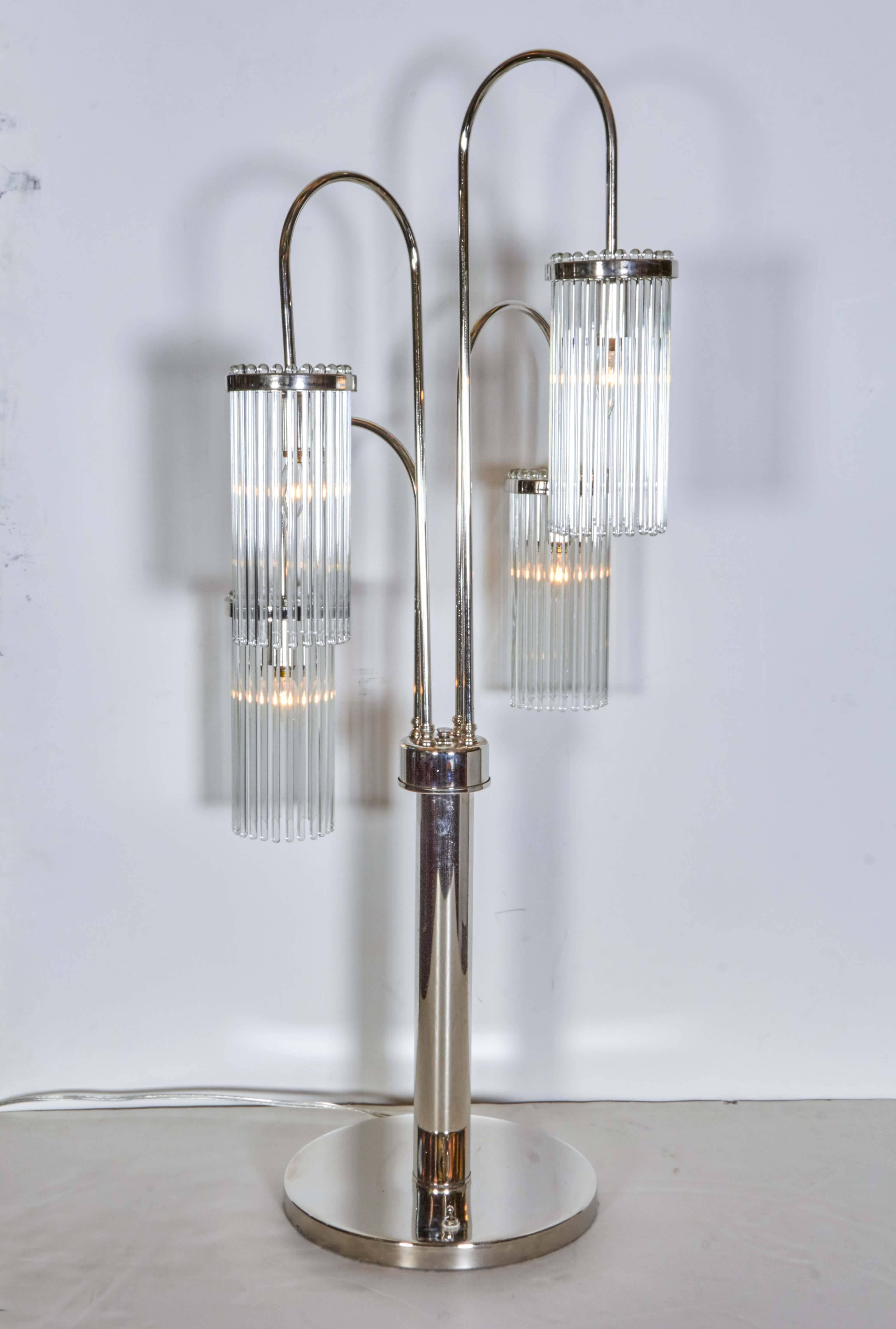 American Tall Pair of Polished Nickel and Glass Rod Modernist Table Lamps For Sale
