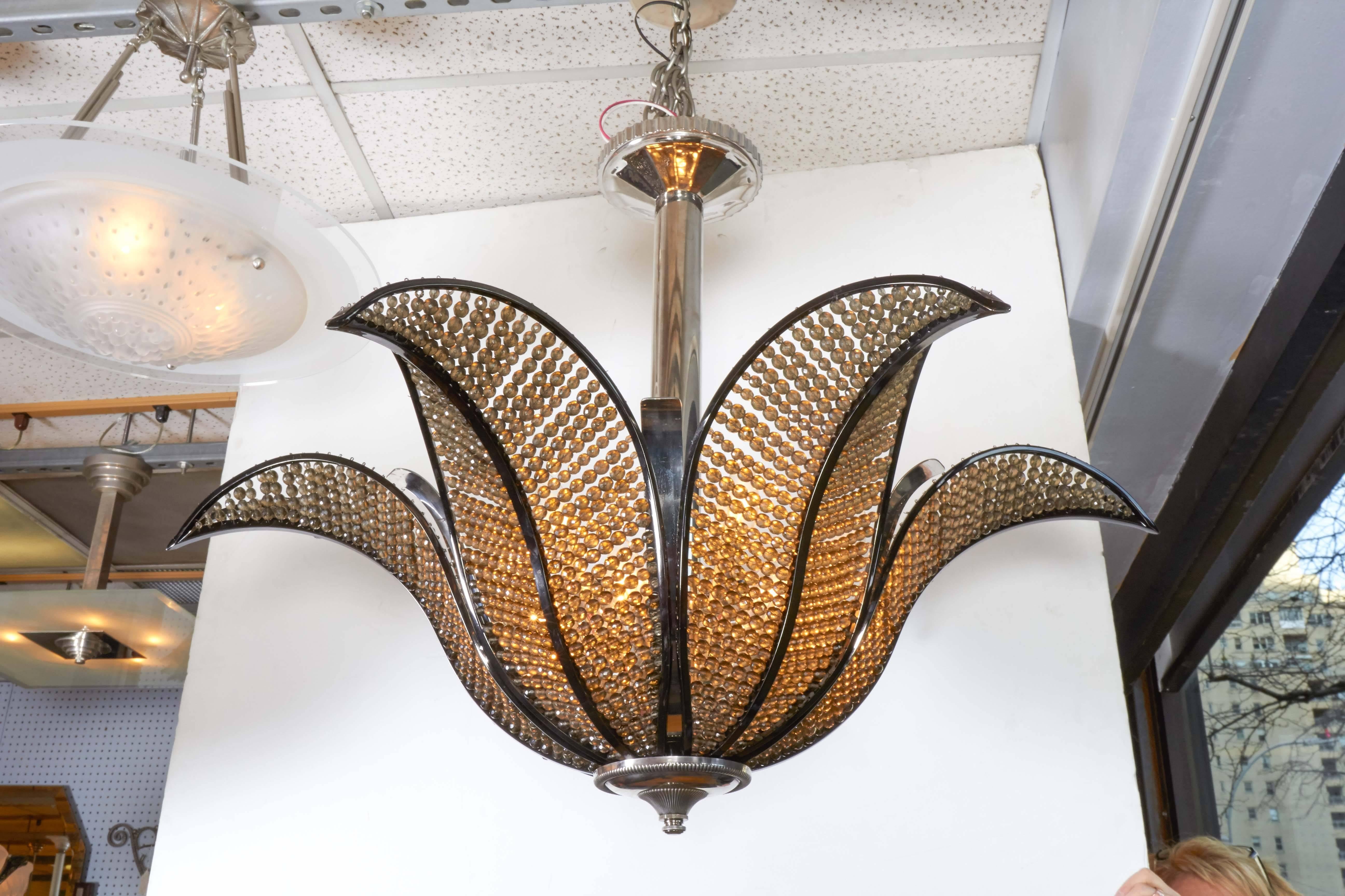 Large Tinted Crystal Beaded Chandelier with Nickeled Bronze Frame In Excellent Condition In New York City, NY