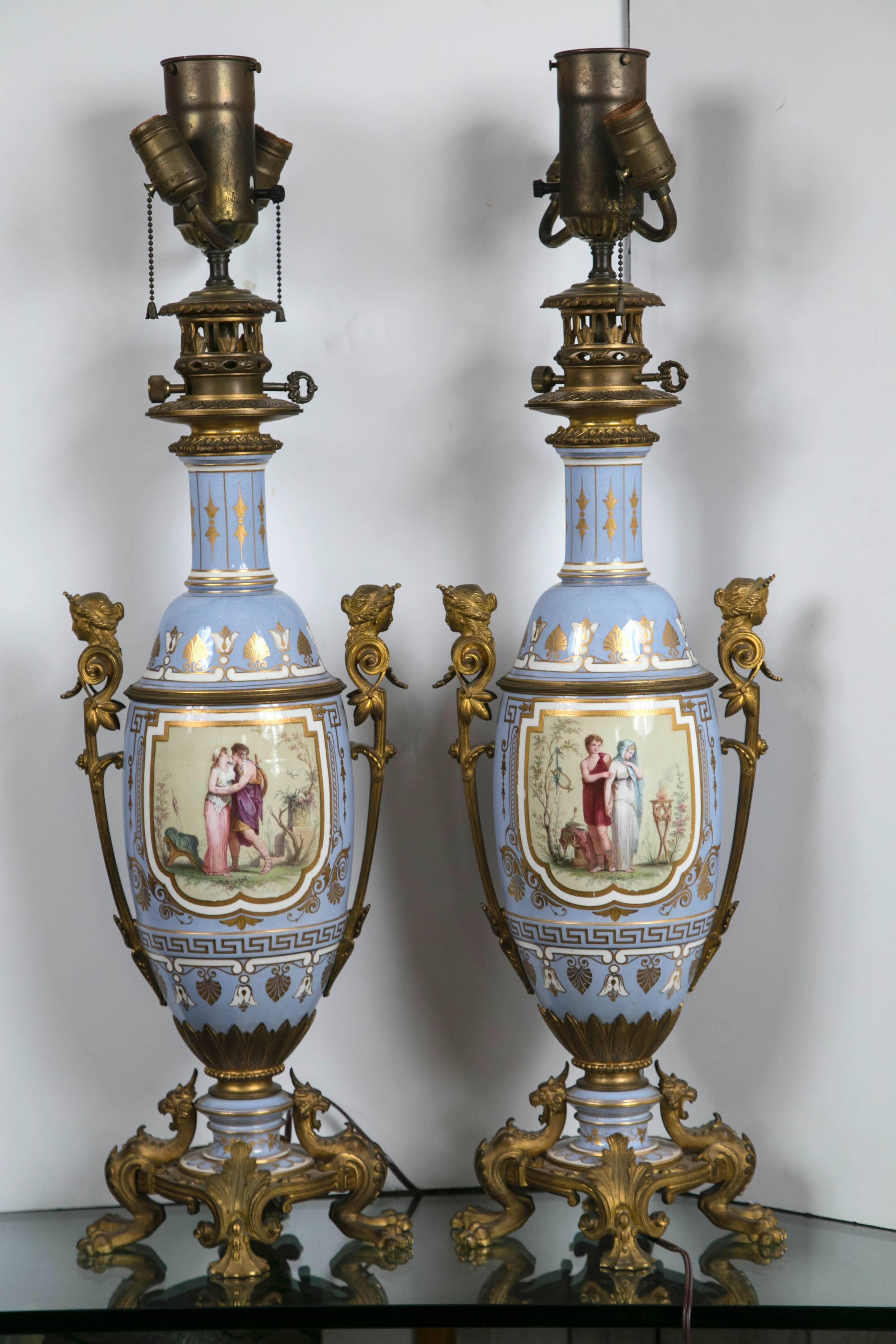 Pair of French Victorian Bronze Mounted Porcelain Lamps For Sale 3