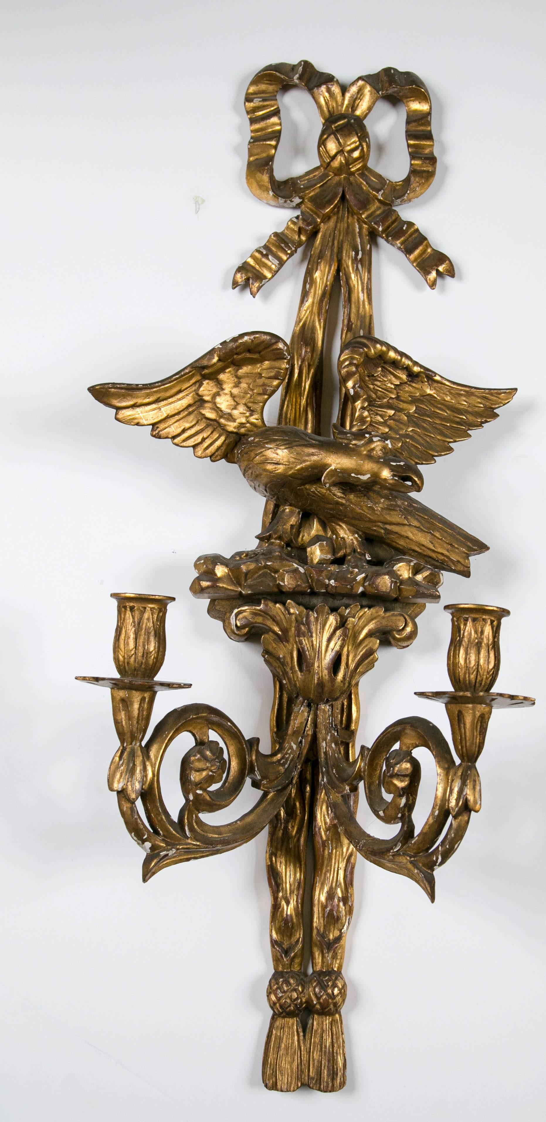 Federal Pair of Giltwood Two Light Sconces For Sale
