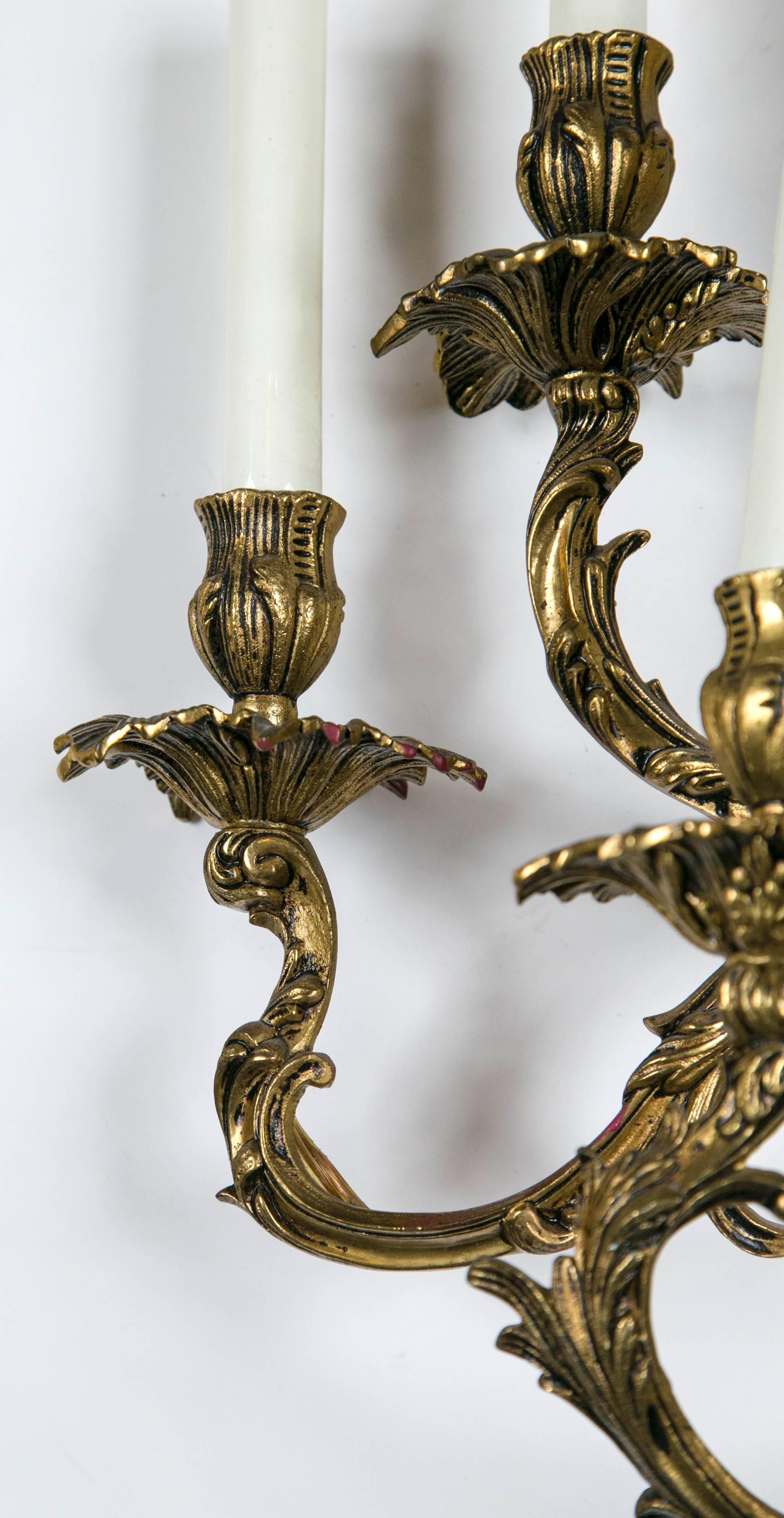 Rococo Pair of Lacquered Bronze Seven-Light Sconces For Sale