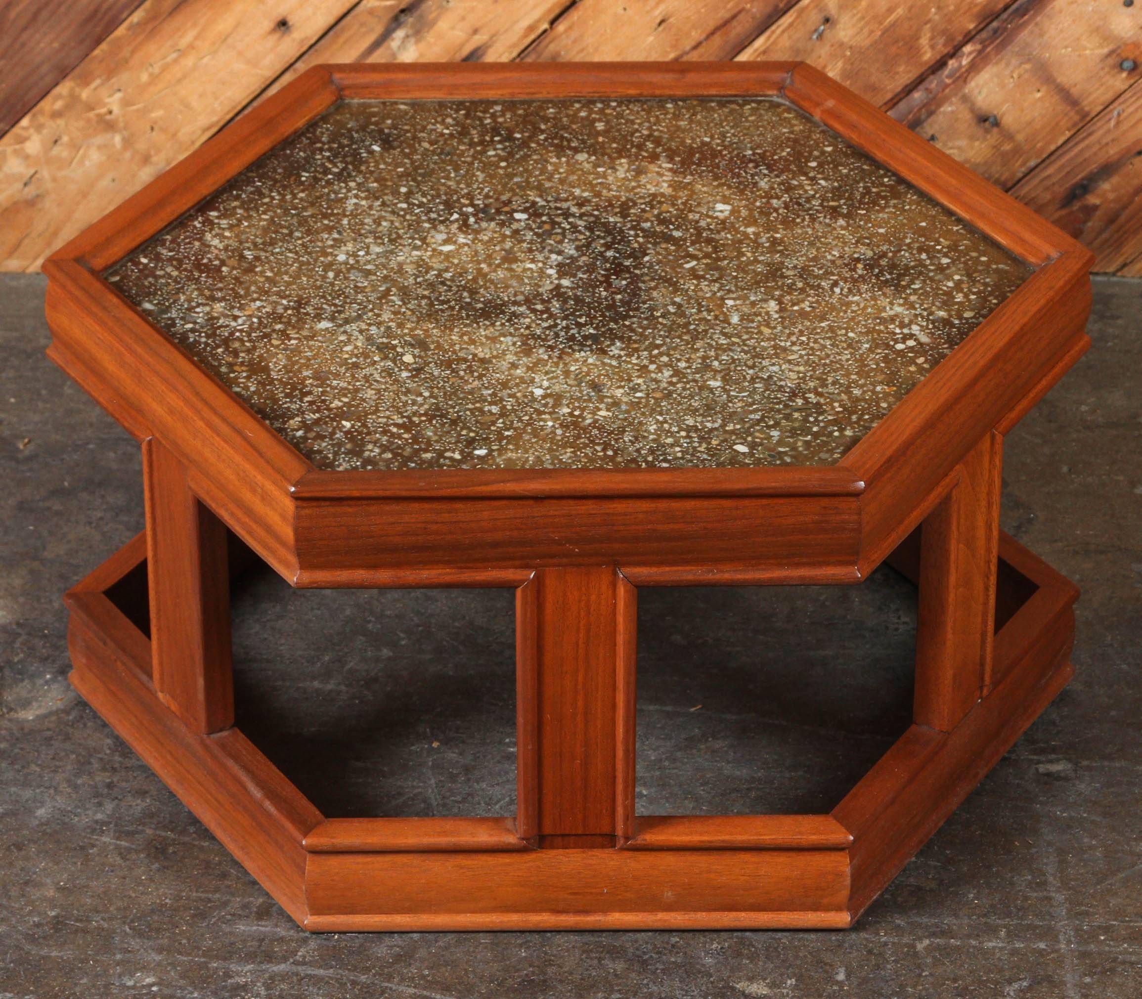 John Keal for Brown Saltman hexagon end table, rare extra low version. Never have seen one in fact. Looks amazing in a group with the standard size versions as well as on its own. Excellent condition. refinished walnut with glass and copper top.