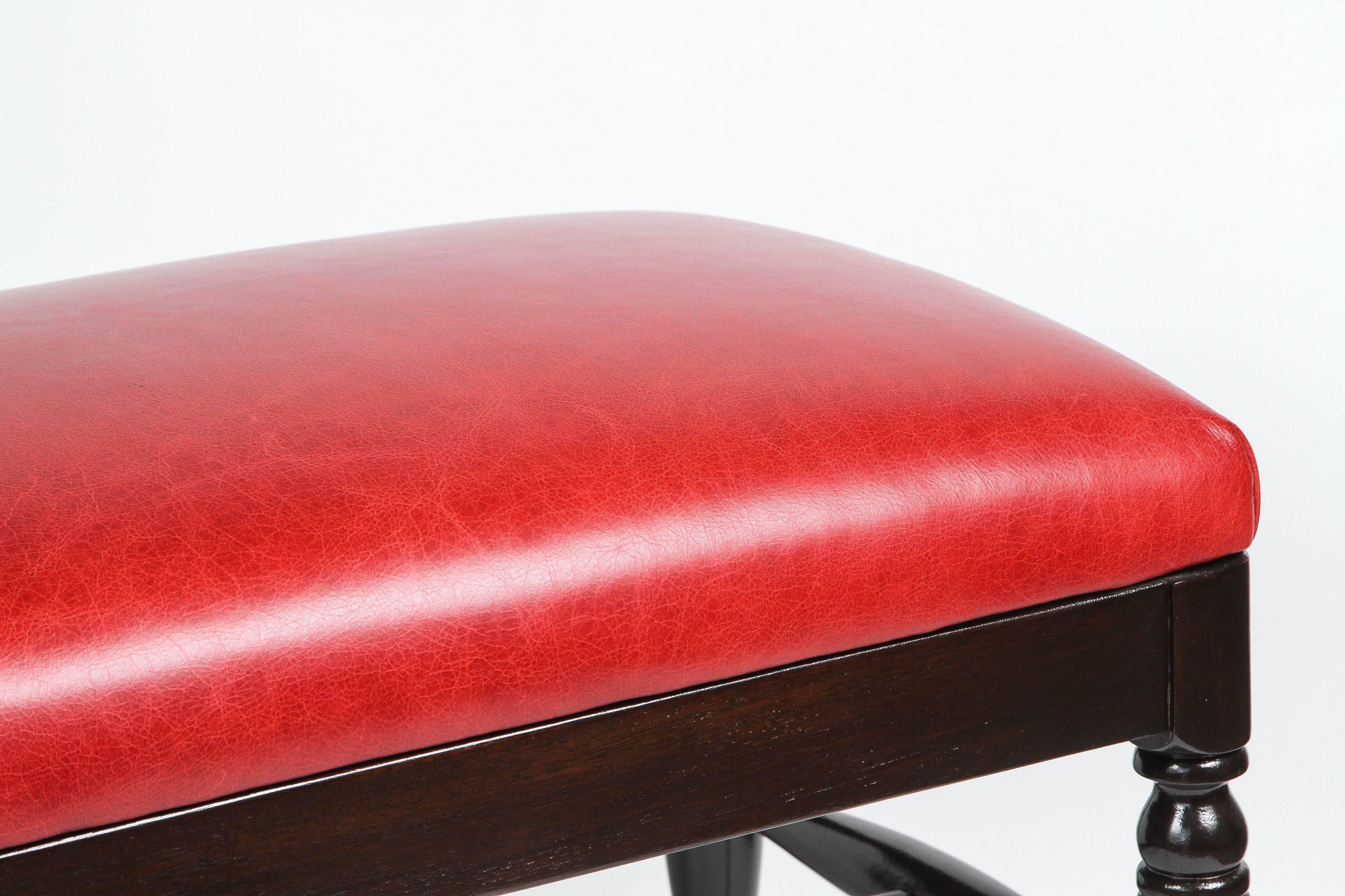 Turned Vintage Red Leather Bench
