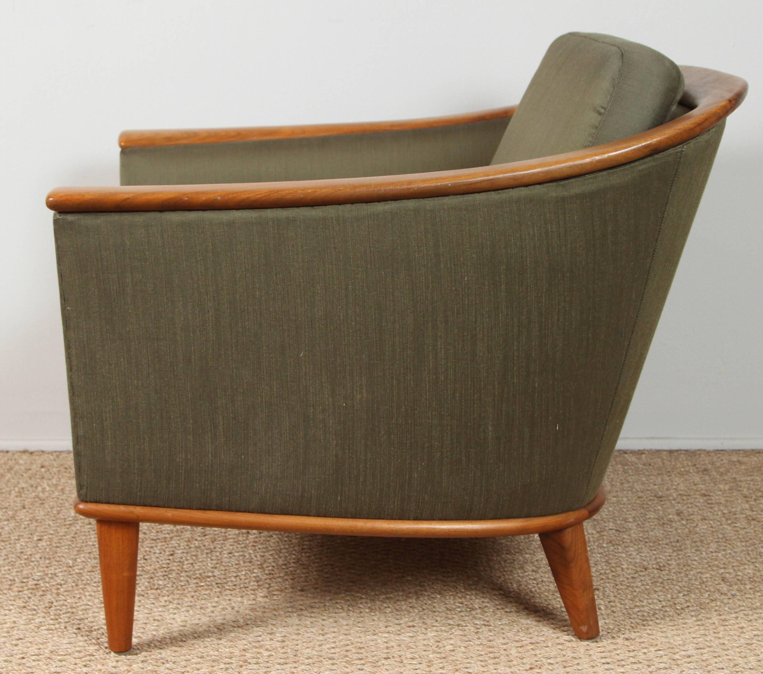 Two available. Original green silk upholstery. Some slight, hidden damage to underside of arm on one chair. Otherwise, condition and finish good. Identifying label underneath as shown in image 9.