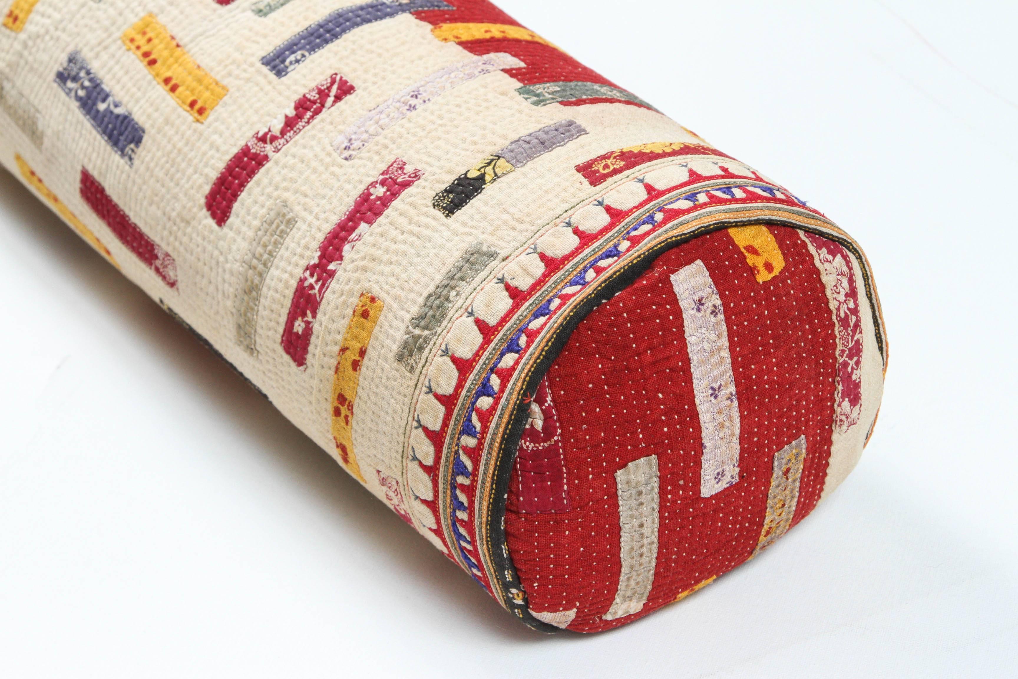 Chaaron Wedding Quilt Bolster Pillow, Red, Ivory, Yellow, Blue, Green In Good Condition For Sale In Los Angeles, CA