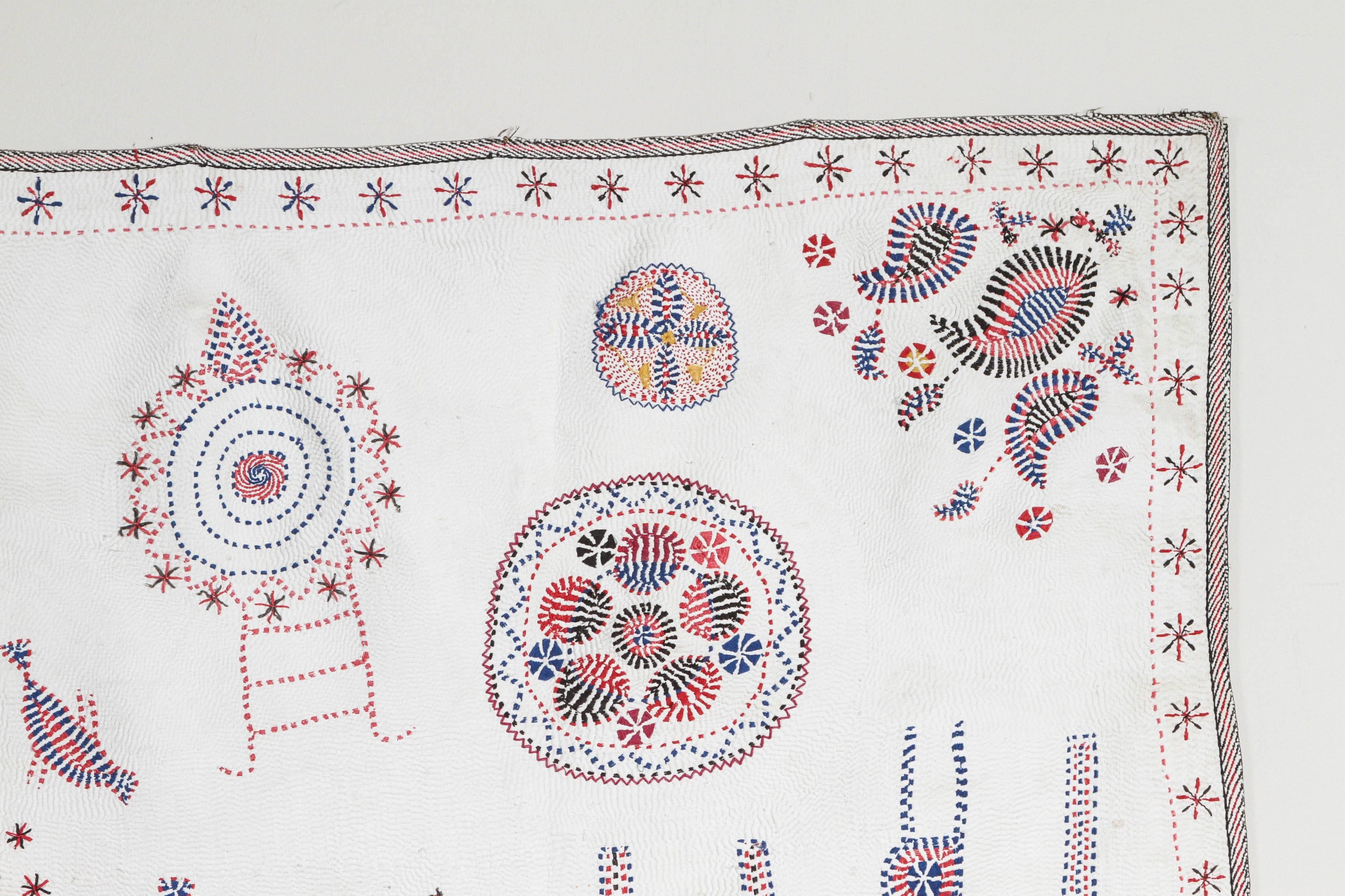 Indian Antique Bengali Kantha Quilt in Red, Blue and White