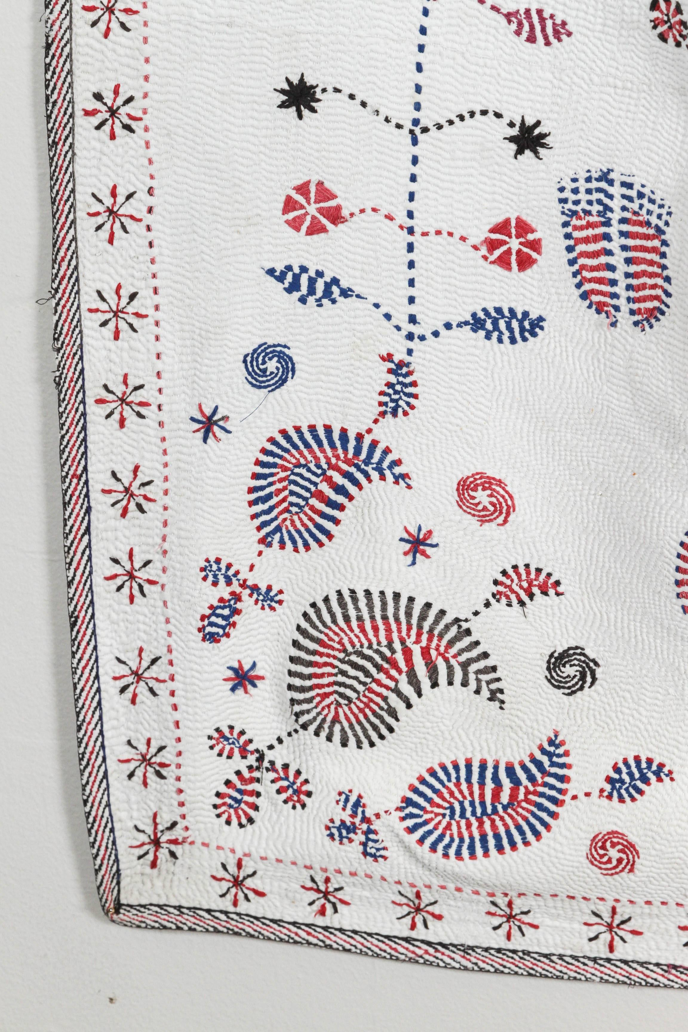 Embroidered Antique Bengali Kantha Quilt in Red, Blue and White