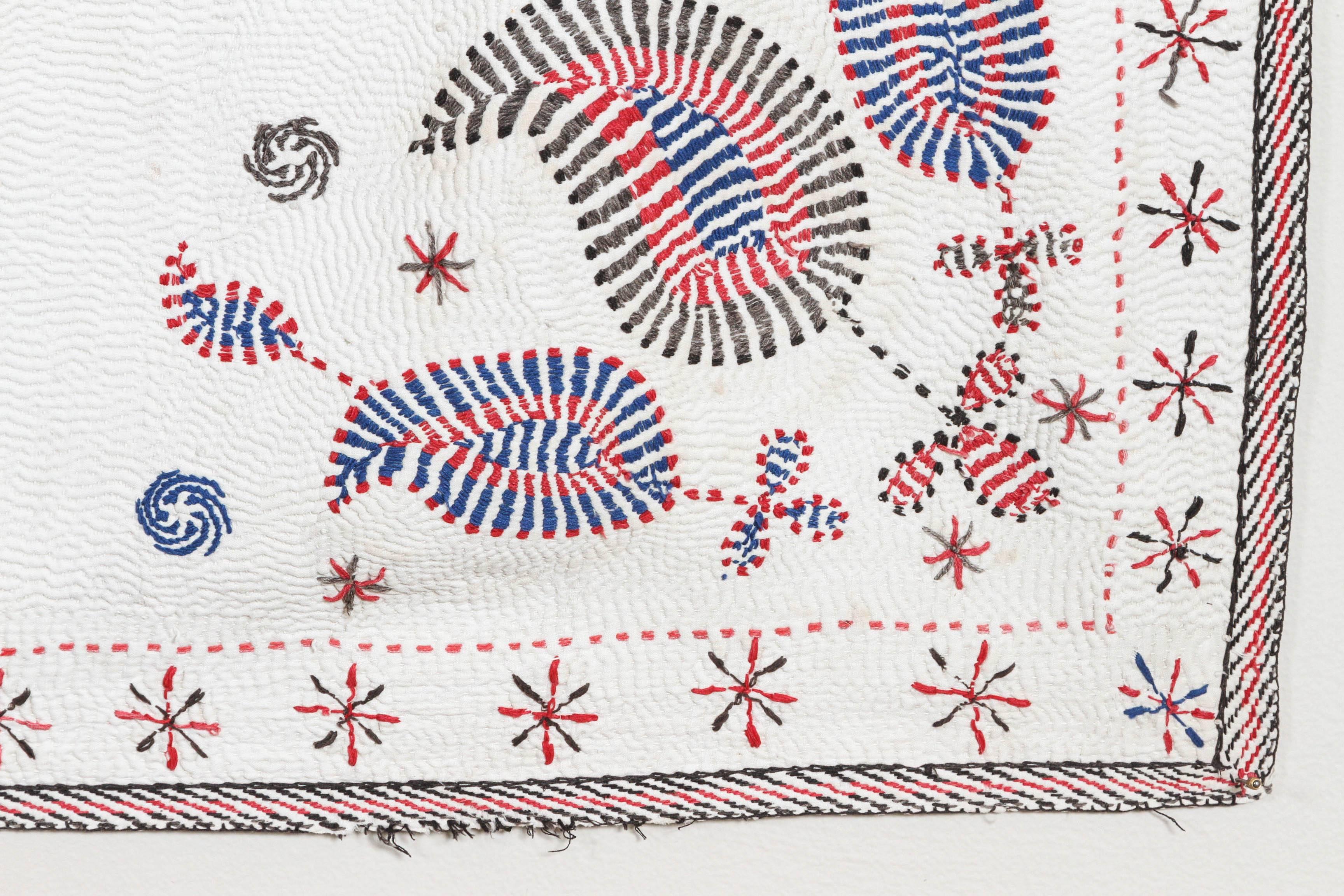 Cotton Antique Bengali Kantha Quilt in Red, Blue and White