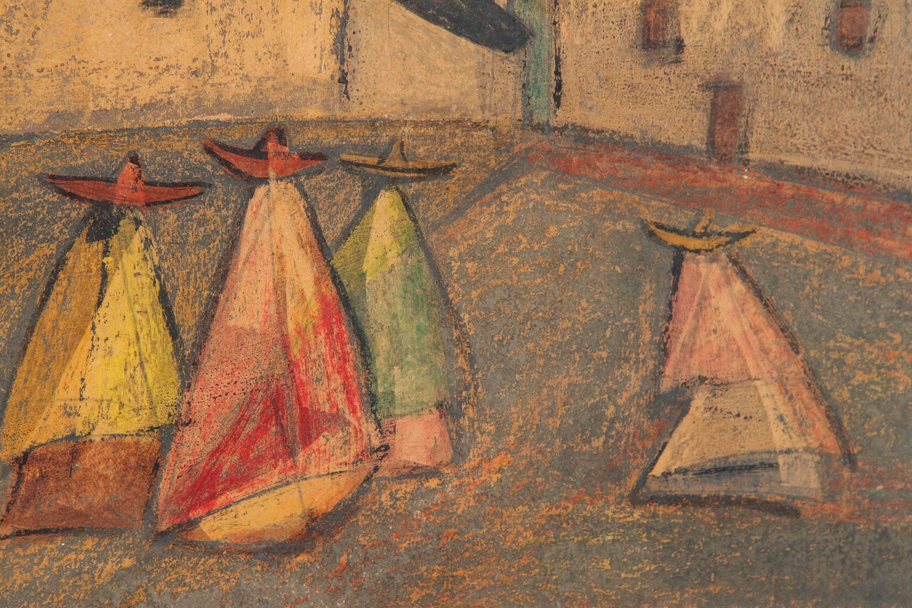 20th Century Mexican Courtyard Scene Pastel