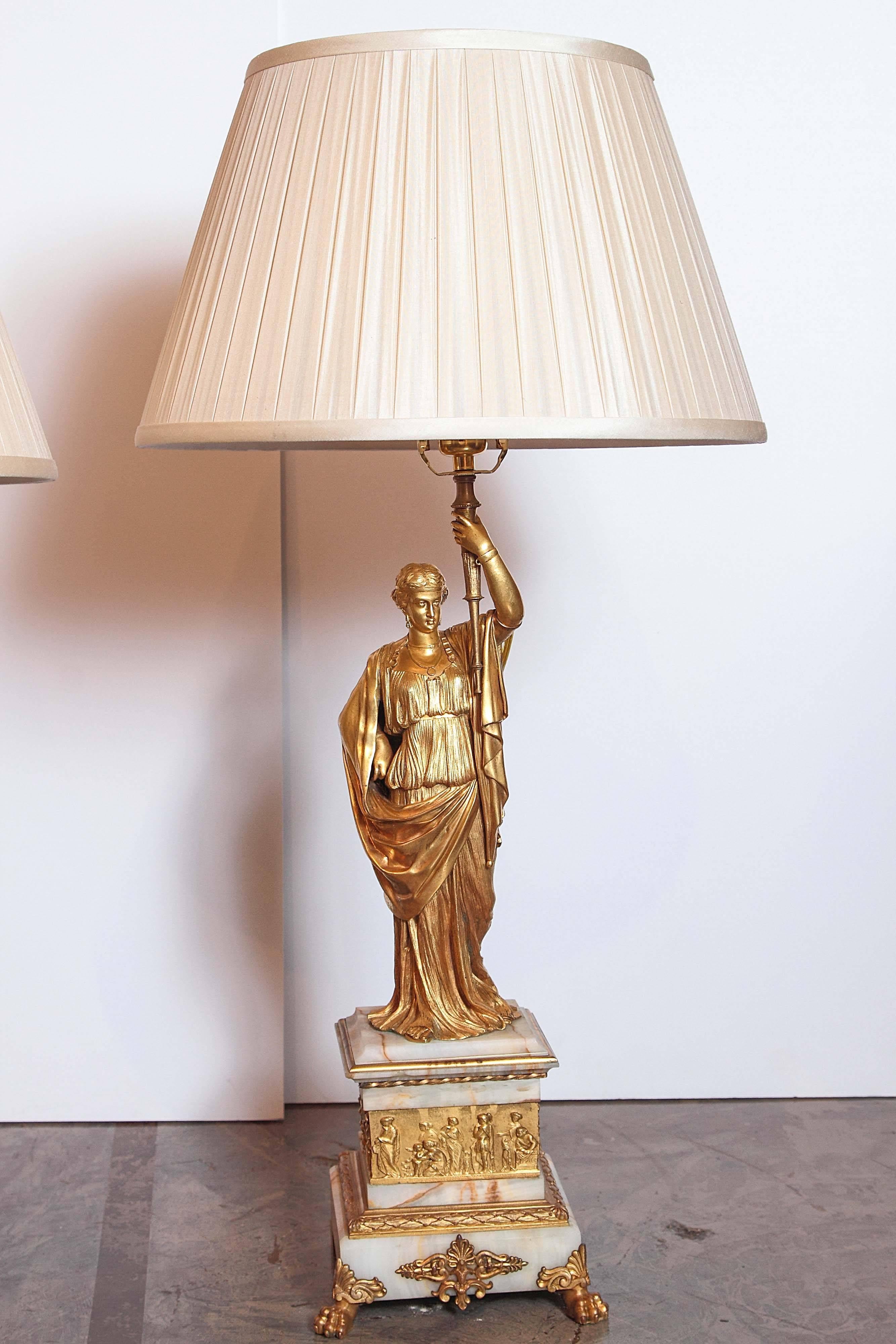 Empire Revival 19th Century Gilt Bronze and Alabaster Based Empire Classical Figural Lamps