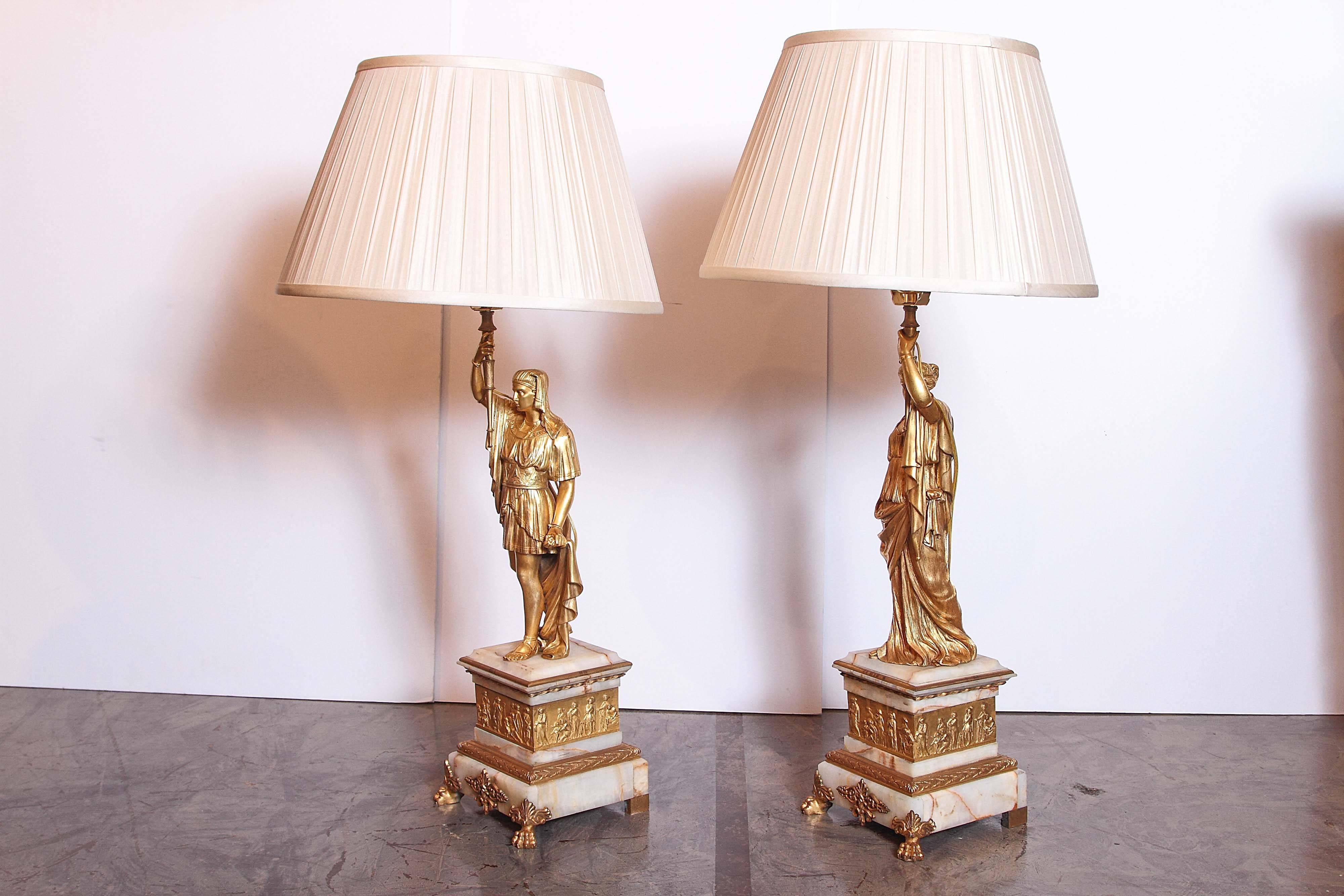 French 19th Century Gilt Bronze and Alabaster Based Empire Classical Figural Lamps