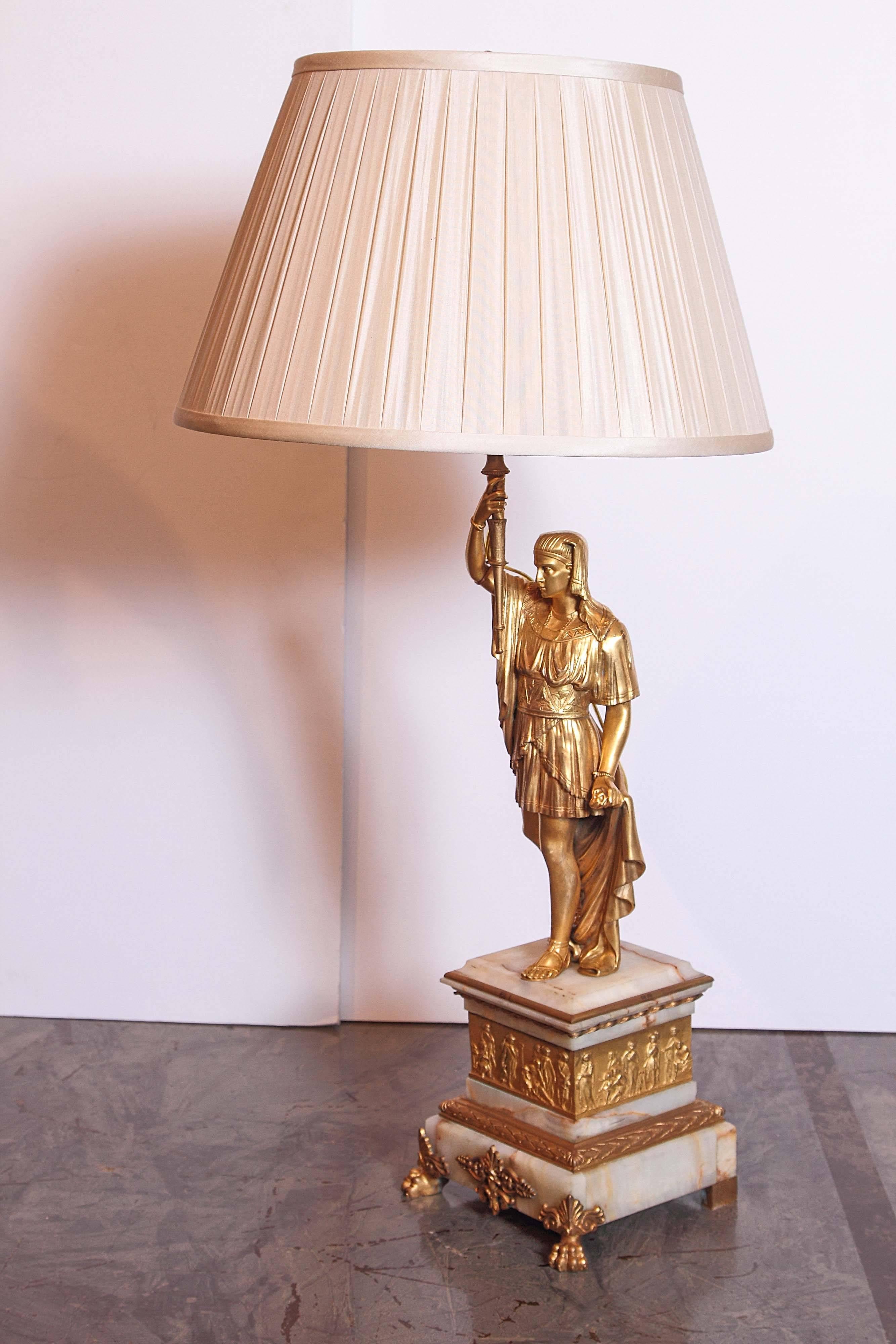 19th Century Gilt Bronze and Alabaster Based Empire Classical Figural Lamps In Excellent Condition In Dallas, TX