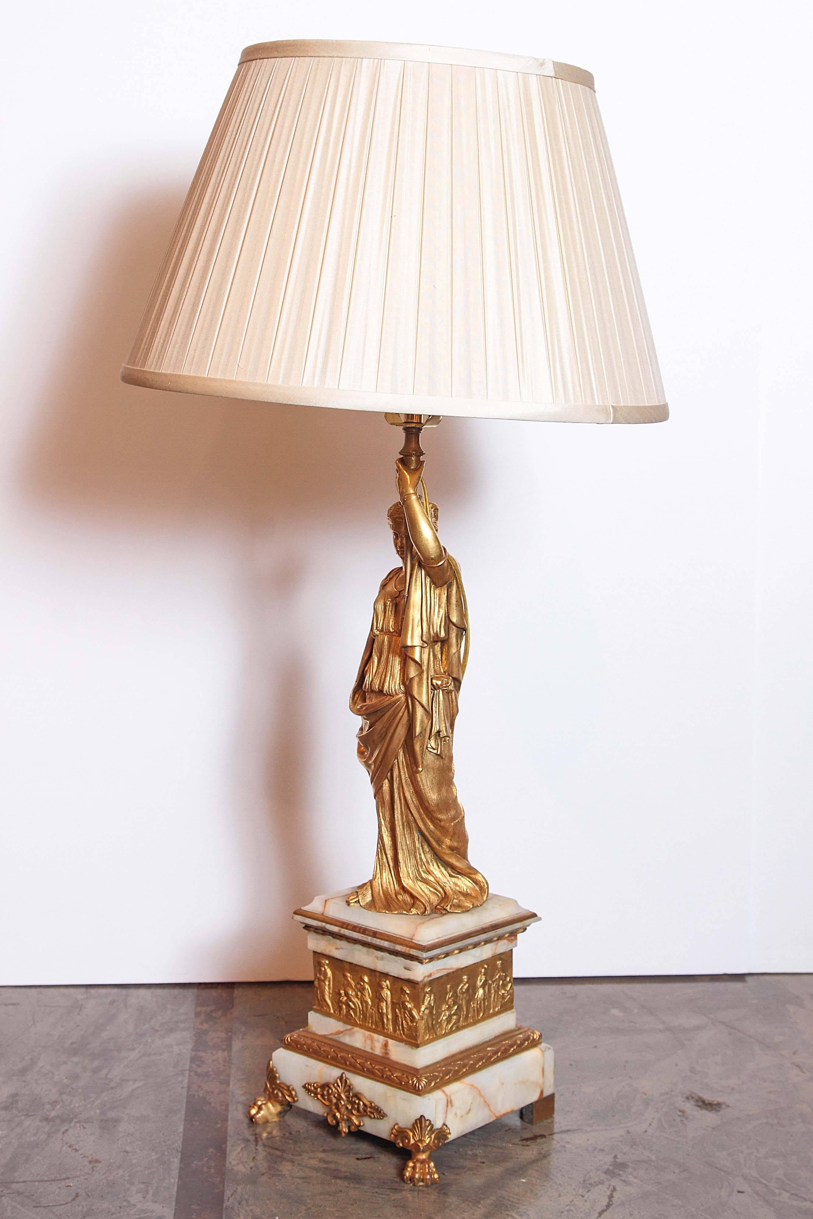 19th Century Gilt Bronze and Alabaster Based Empire Classical Figural Lamps 4