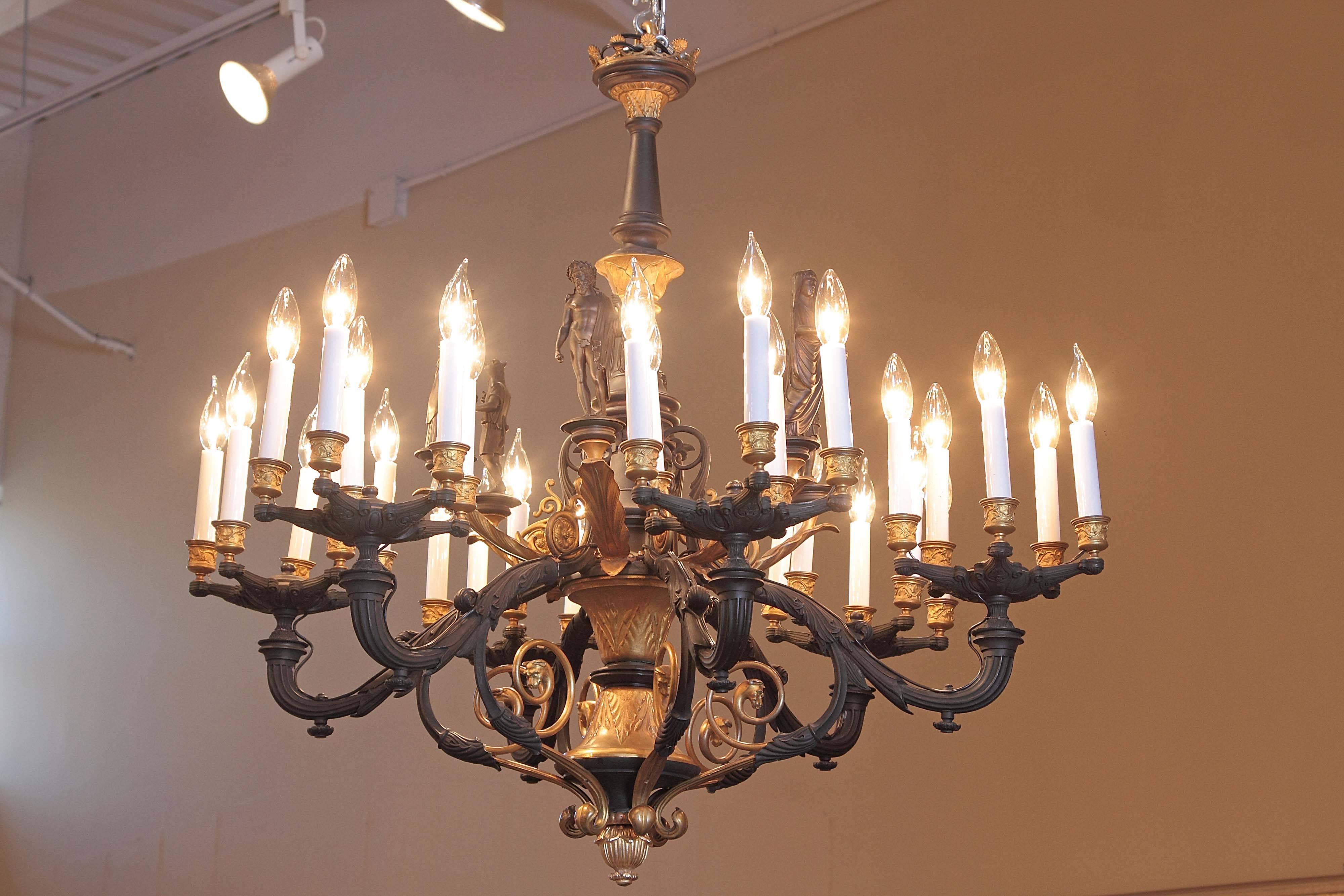 Rare and fine 19th century French Empire detailed bronze and gilt bronze chandelier. The chandelier has six Roman classical figures. 
Excellent quality.