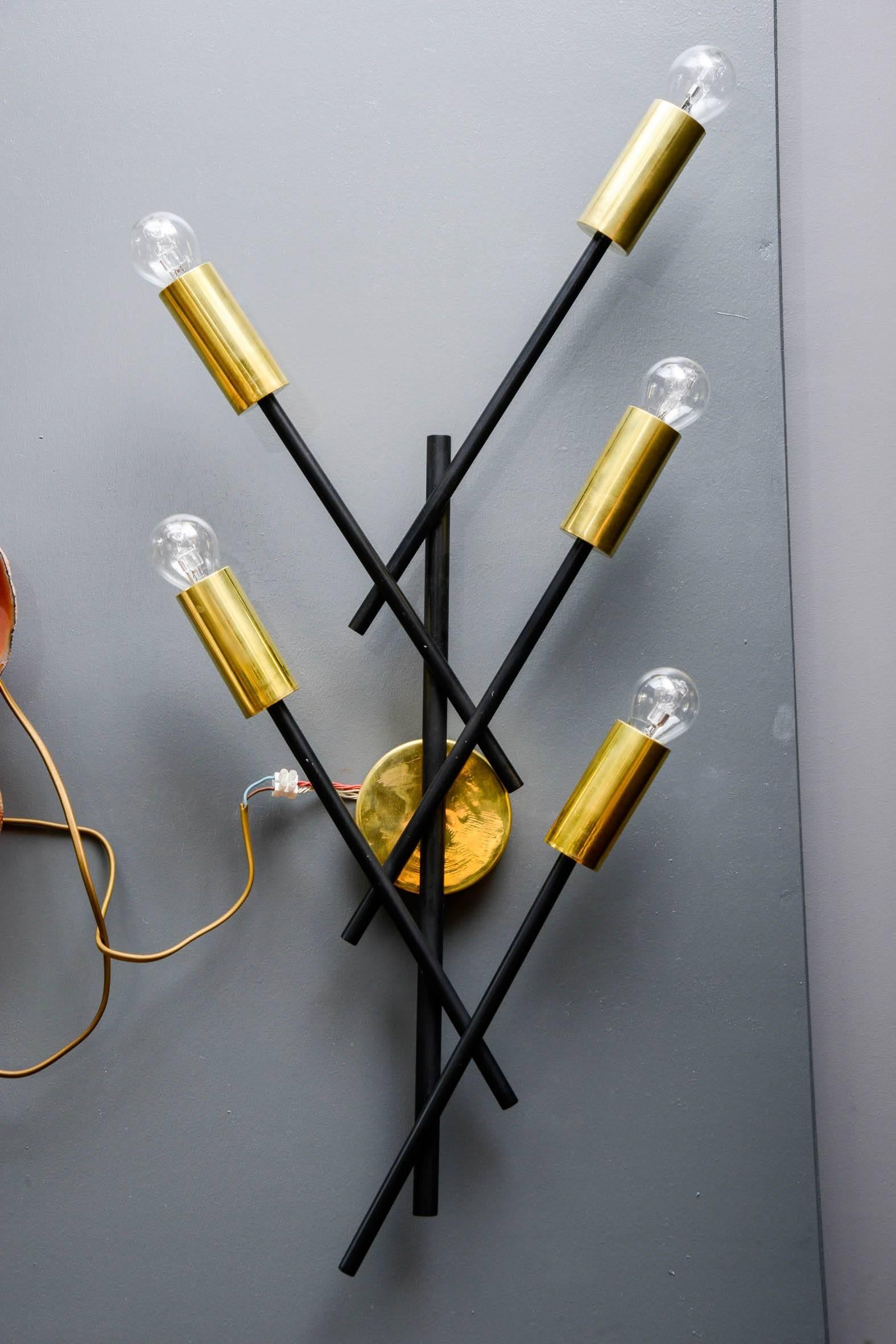 Mid-Century Modern Set of Six Black and Brass Wall Sconces