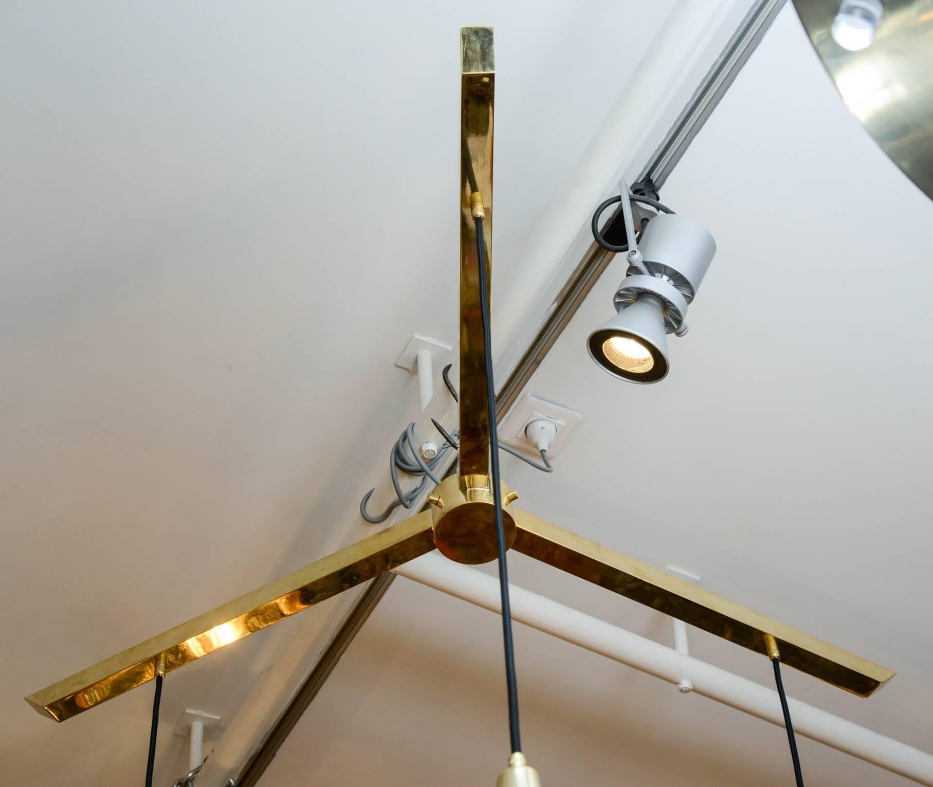 Modern Pair of Large Three Brass Shades Suspensions For Sale