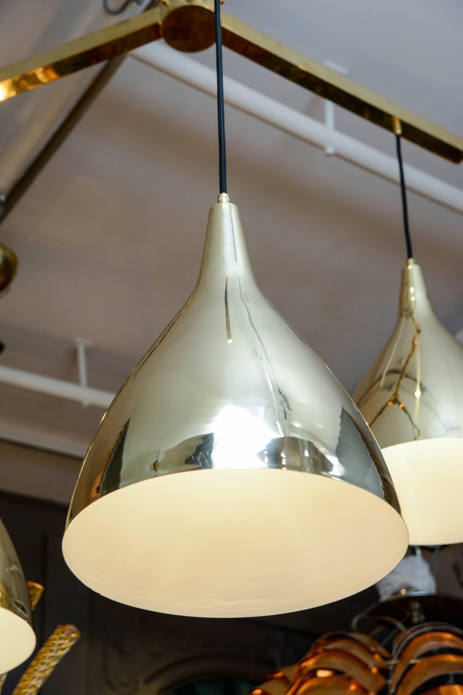 Italian Pair of Large Three Brass Shades Suspensions For Sale
