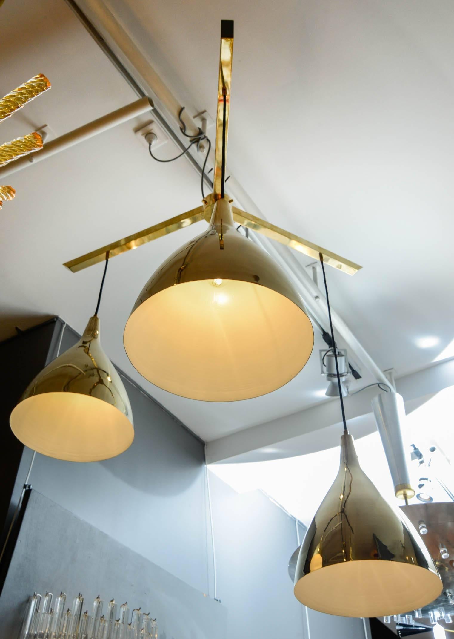 Late 20th Century Pair of Large Three Brass Shades Suspensions For Sale