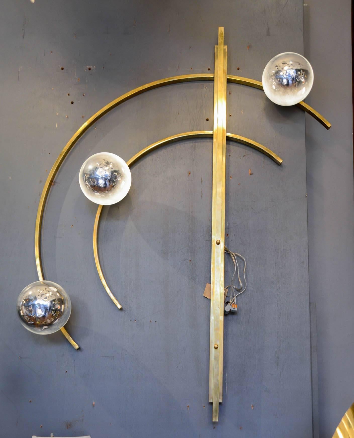 Set of Six Original Brass and Murano Glass Globes Brass Wall Sconces 2