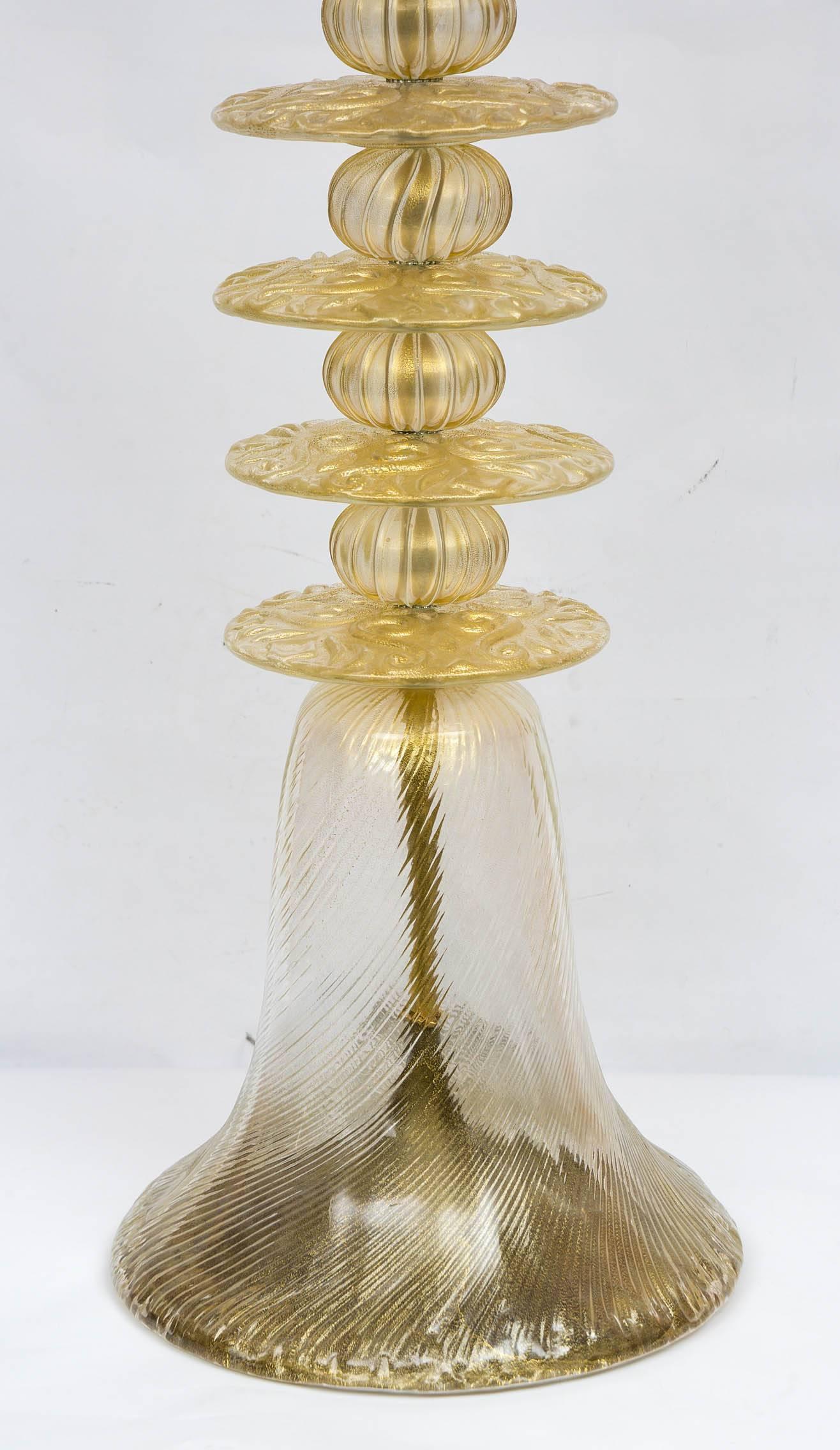 Pair of gold leaves Murano glass lamps.
 