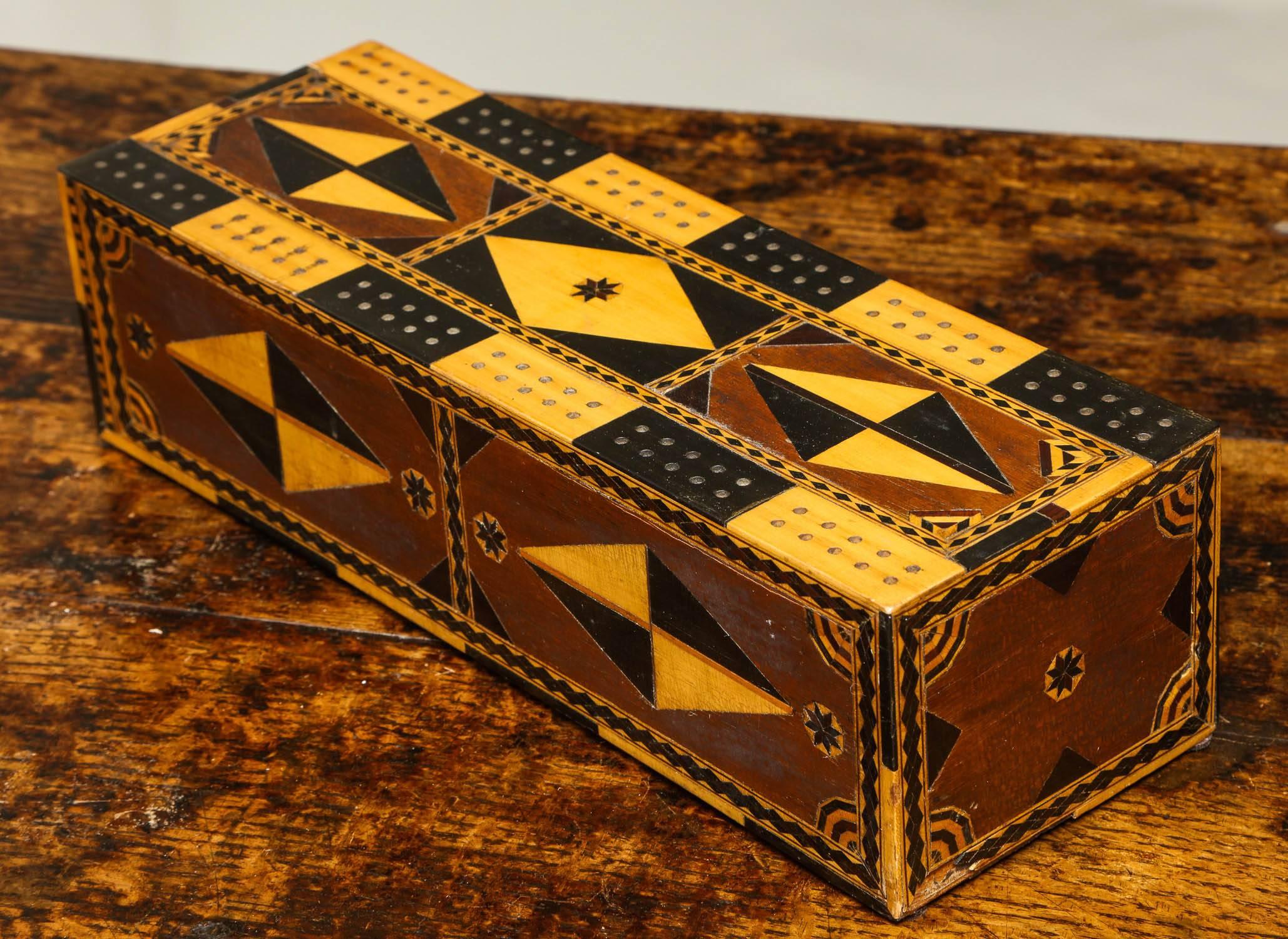 English Amazing Marquetry Decorated Cribbage Board and Box