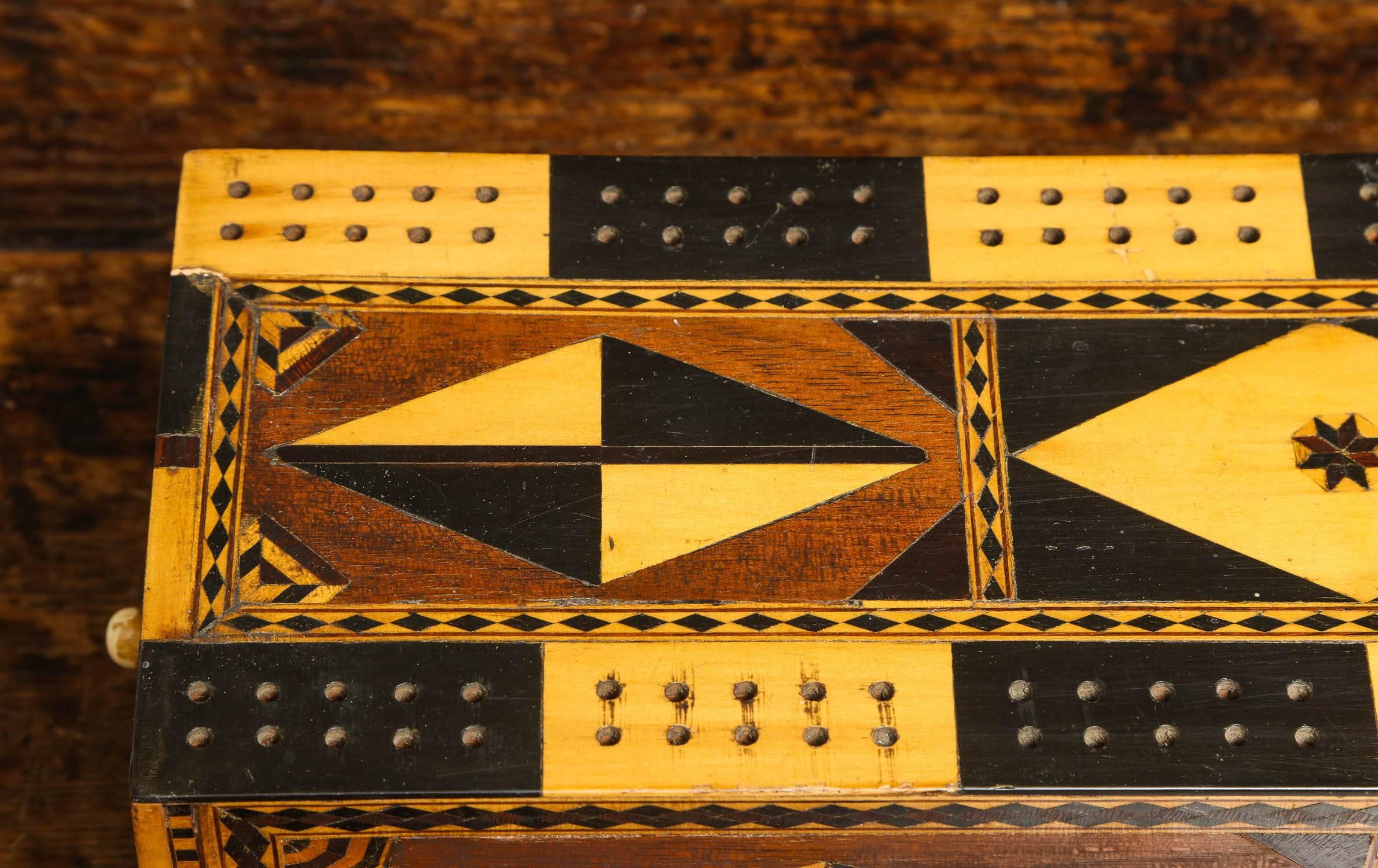Mid-19th Century Amazing Marquetry Decorated Cribbage Board and Box
