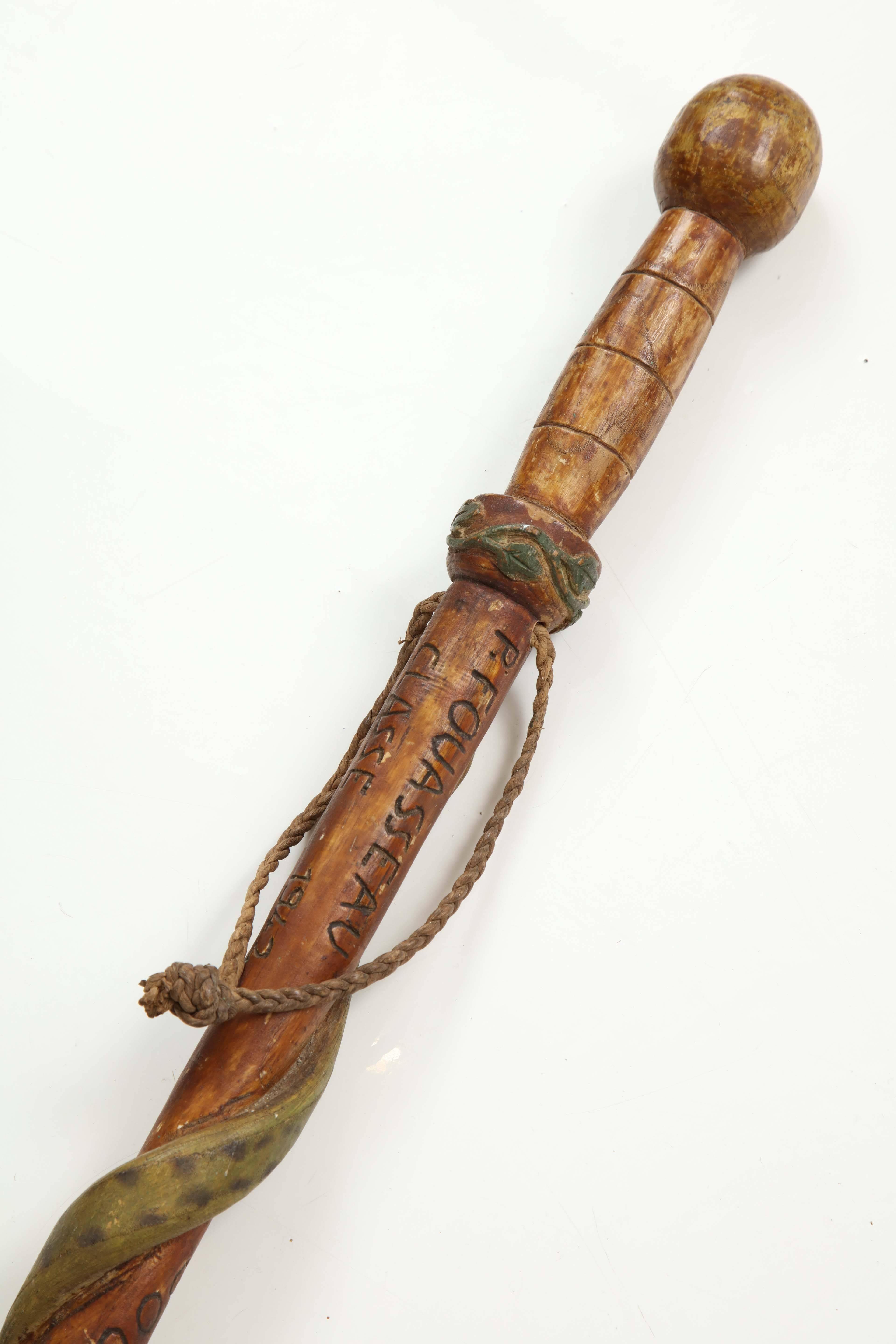 French Carved and Painted Serpent Walking Stick, circa 1942
