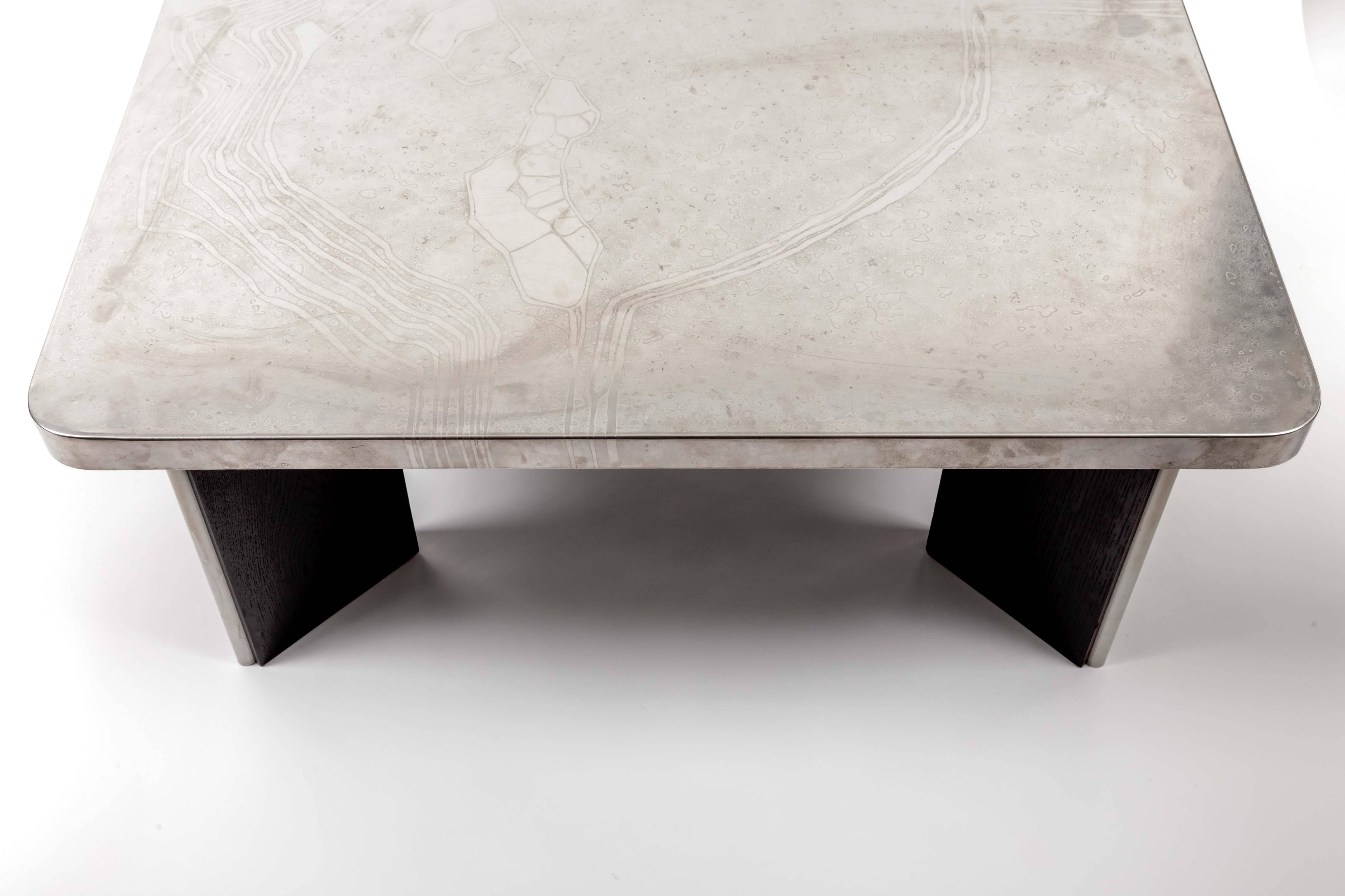 Modernist Aluminum Cocktail Table with Etched Design, on Black Wooden Base 1