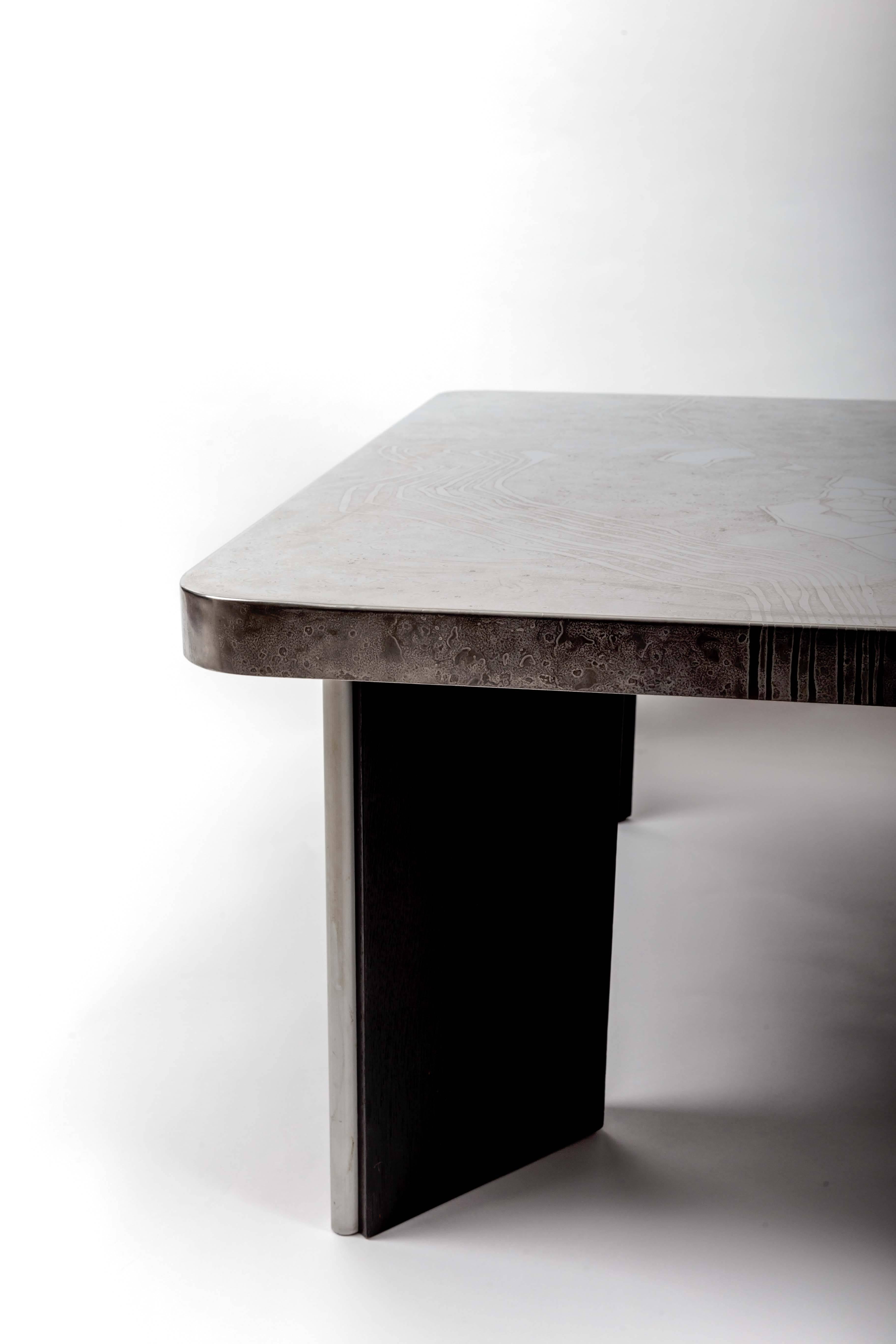 Modernist Aluminum Cocktail Table with Etched Design, on Black Wooden Base 3