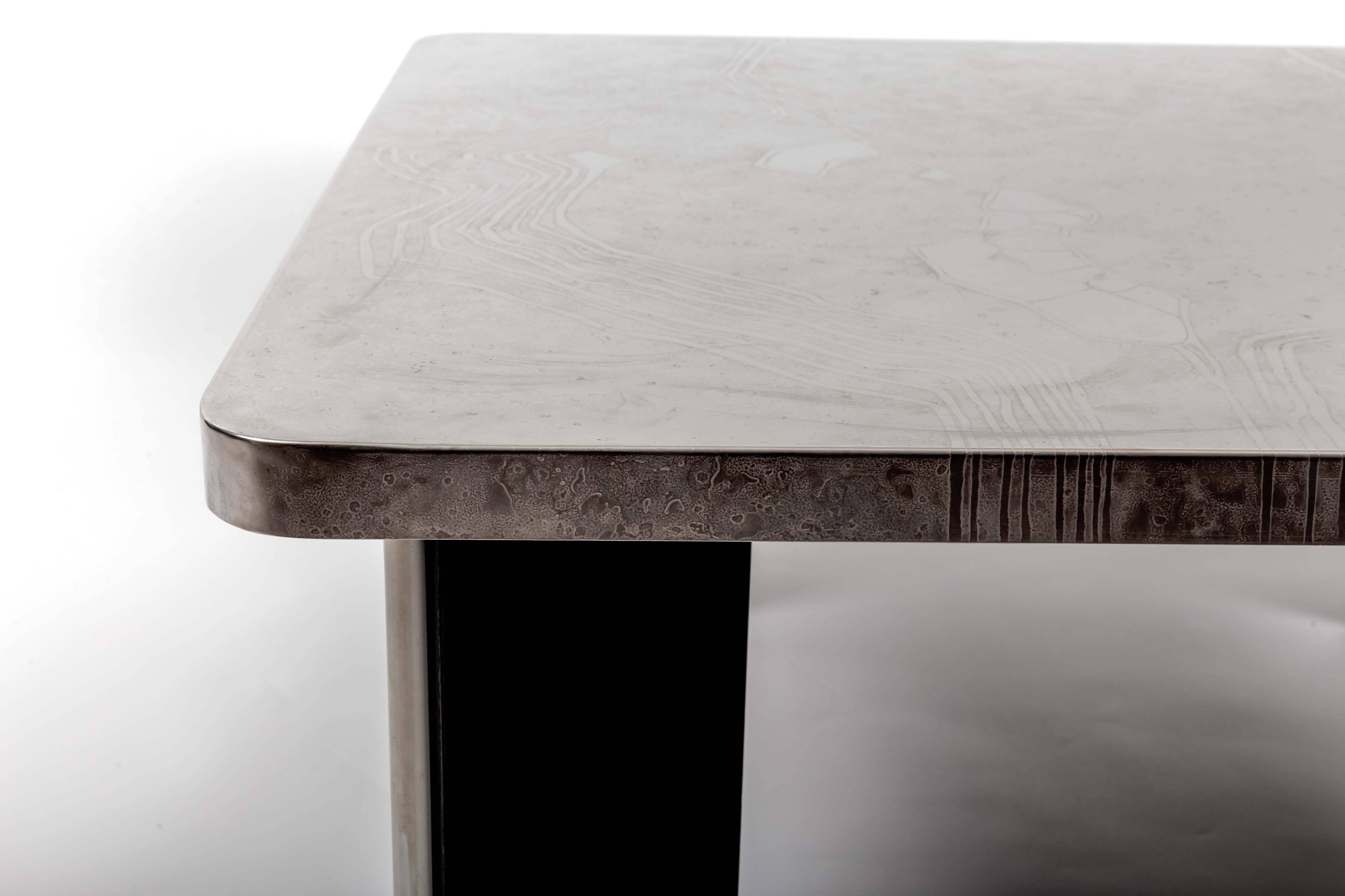 Modernist Aluminum Cocktail Table with Etched Design, on Black Wooden Base 4