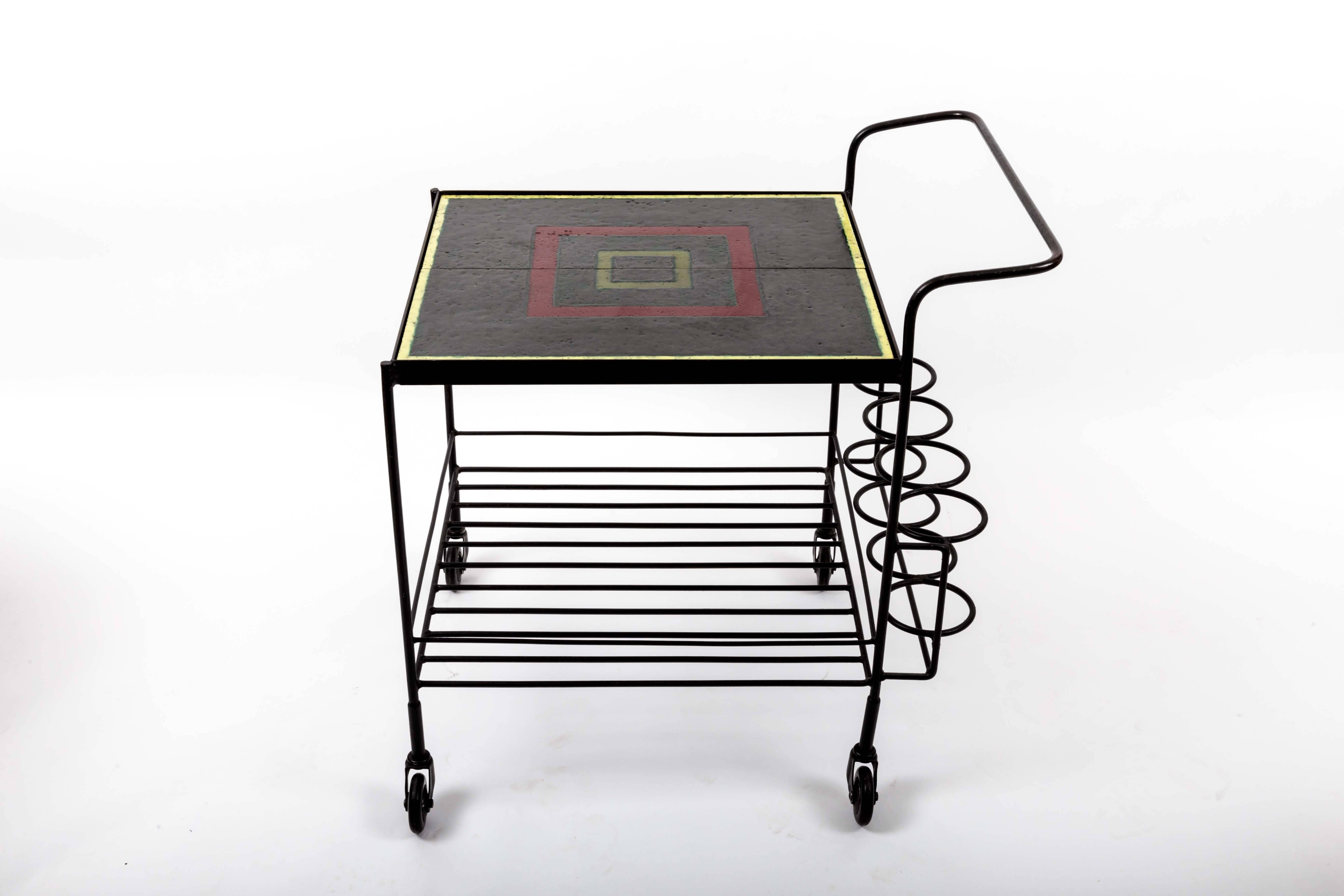 Vintage midcentury metal bar cart with tile top insert., 20th C. 
