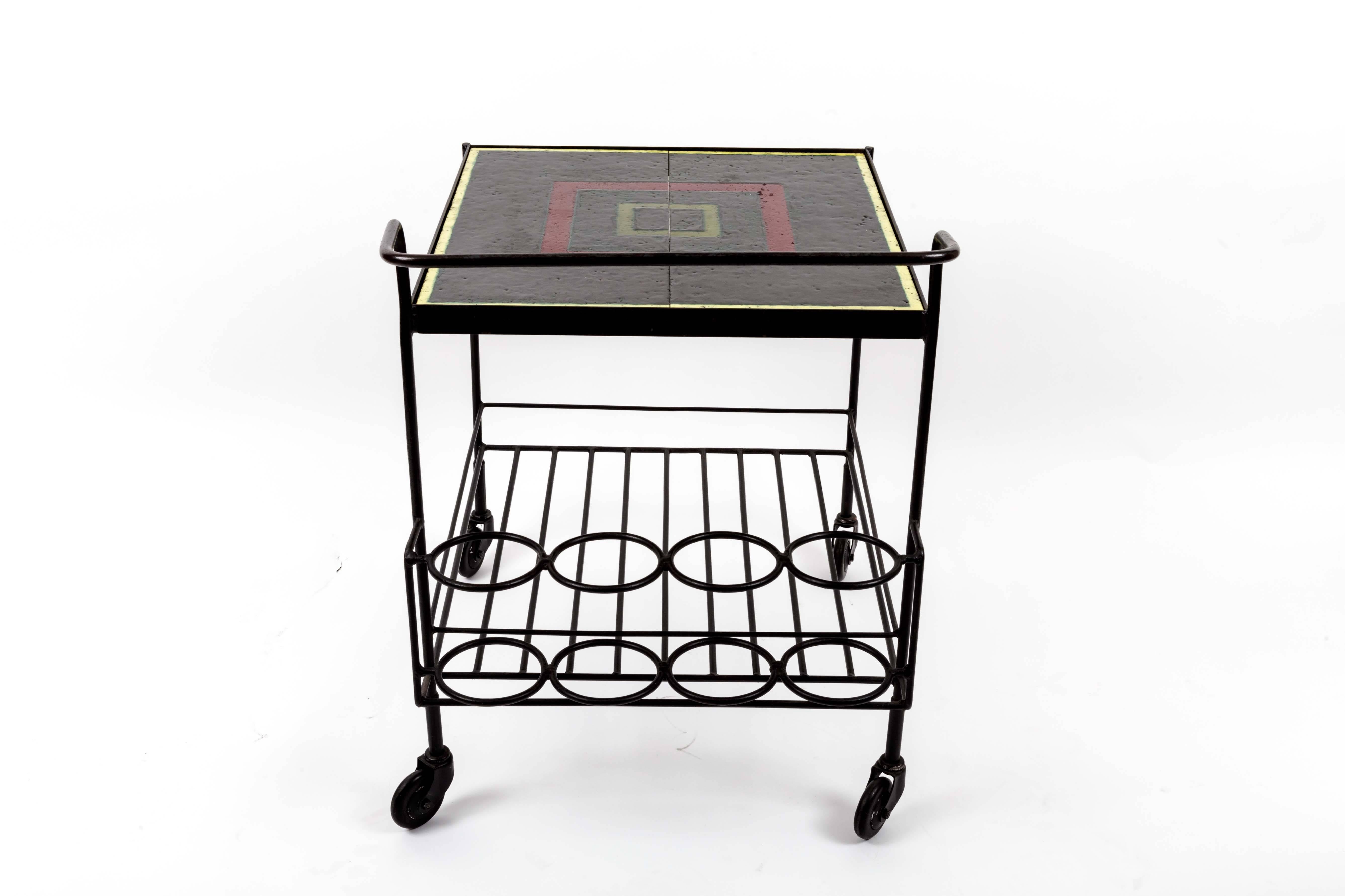 Vintage Mid-Century Metal and Tile Bar Cart on Wheels with Bottle Holder In Good Condition In New York City, NY