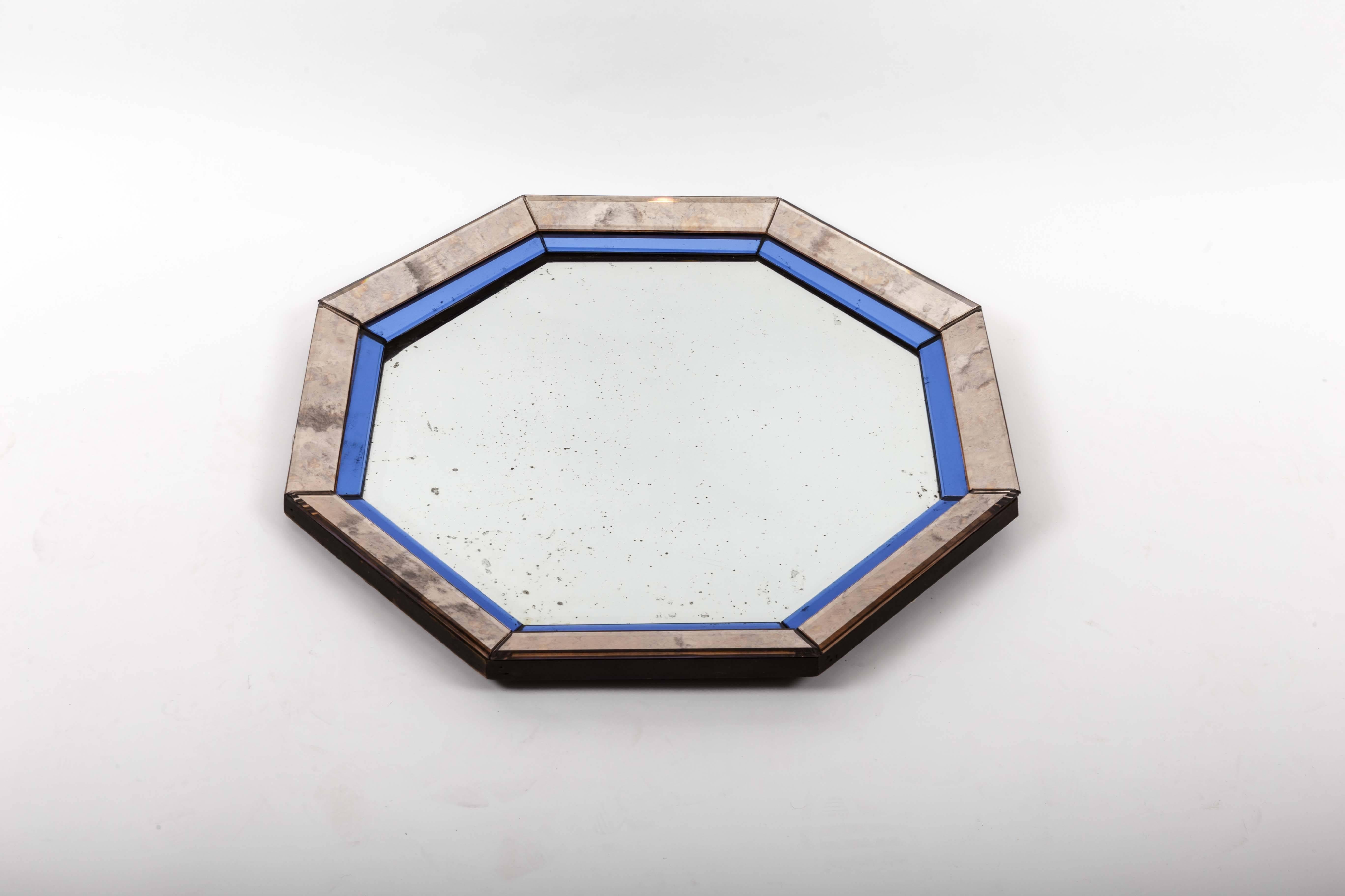 French Octagonal Mirror with Blue and Antiqued Silver Frame