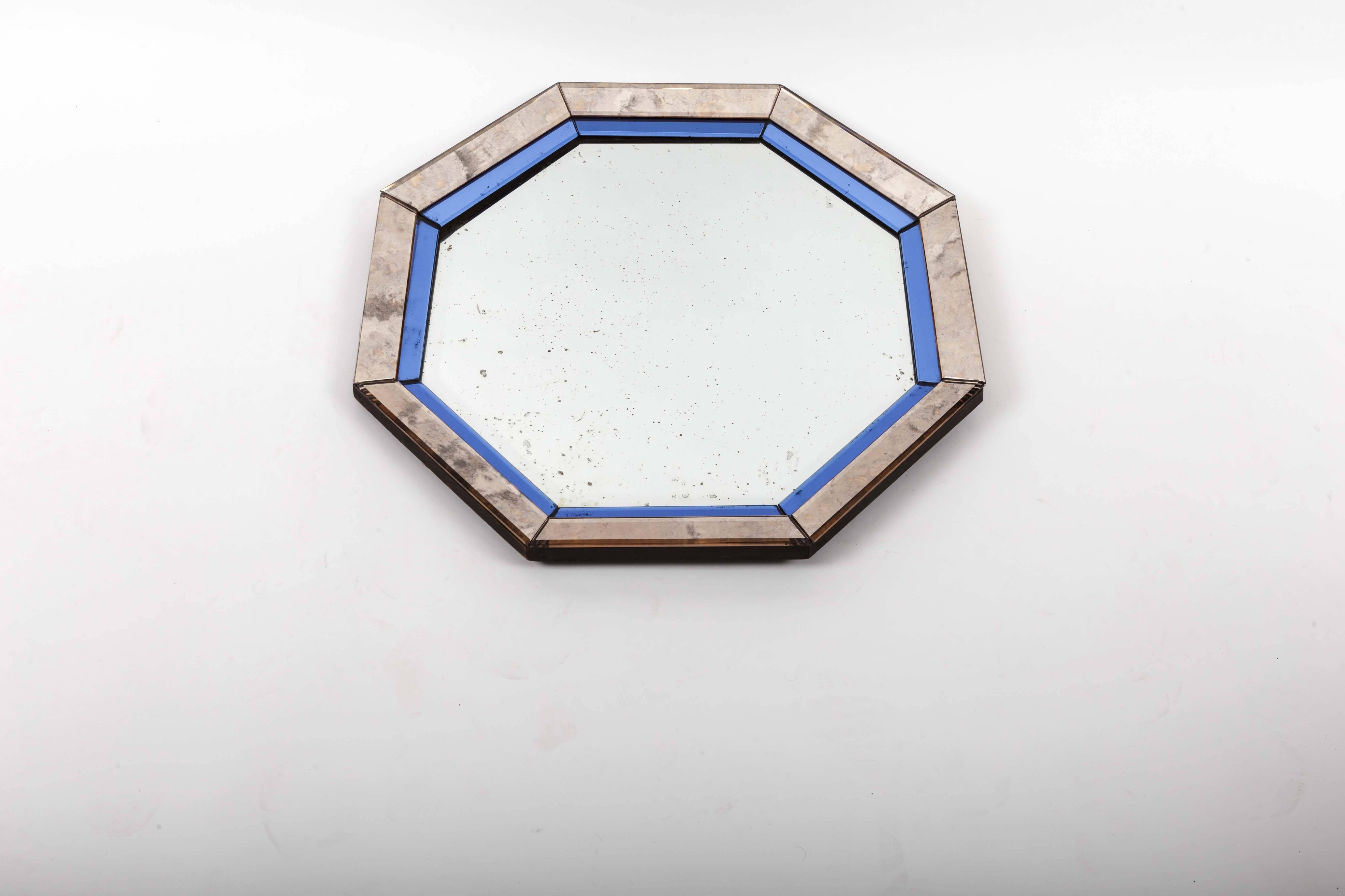 Octagonal Mirror with Blue and Antiqued Silver Frame In Excellent Condition In New York City, NY