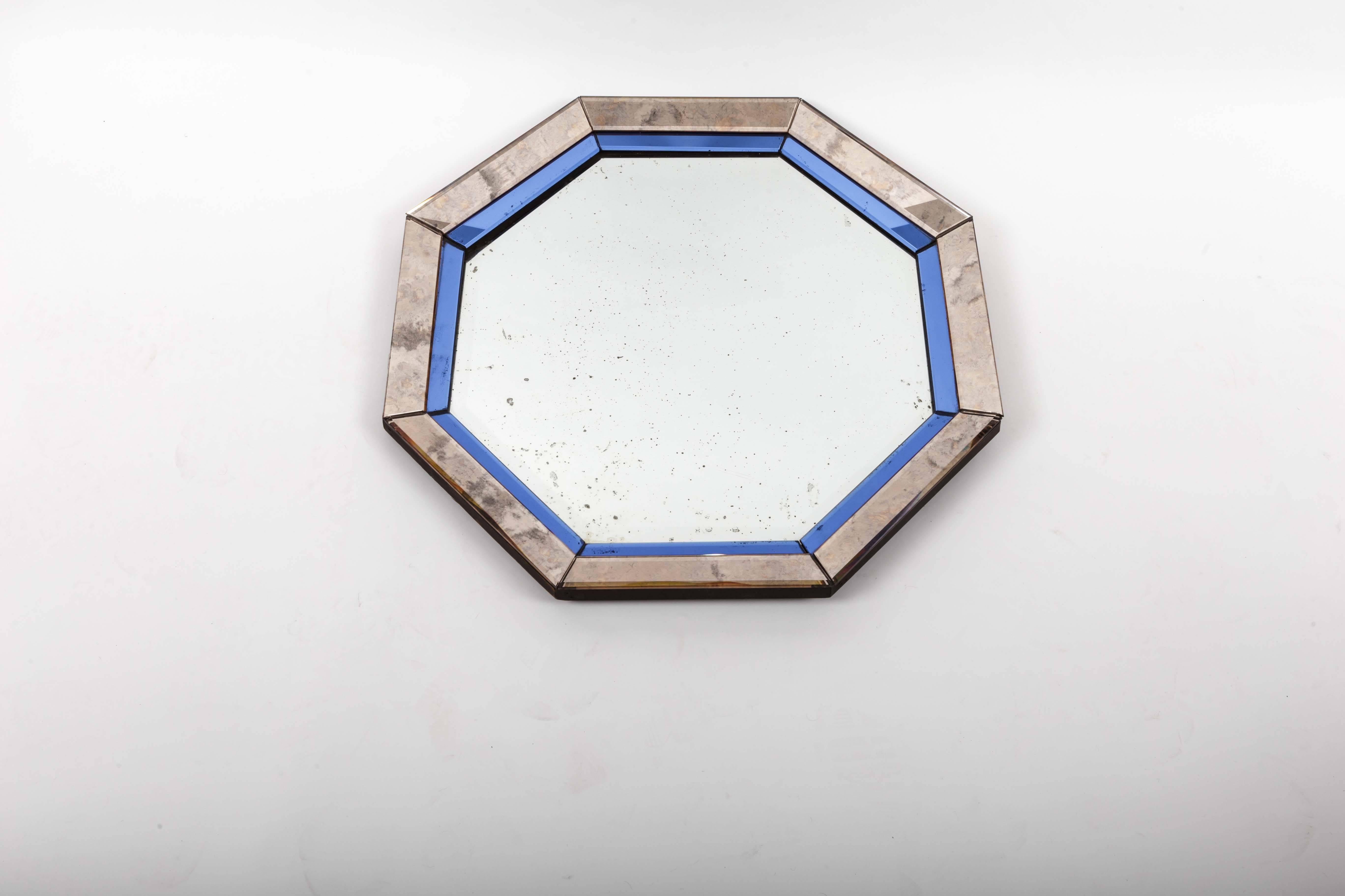 20th Century Octagonal Mirror with Blue and Antiqued Silver Frame