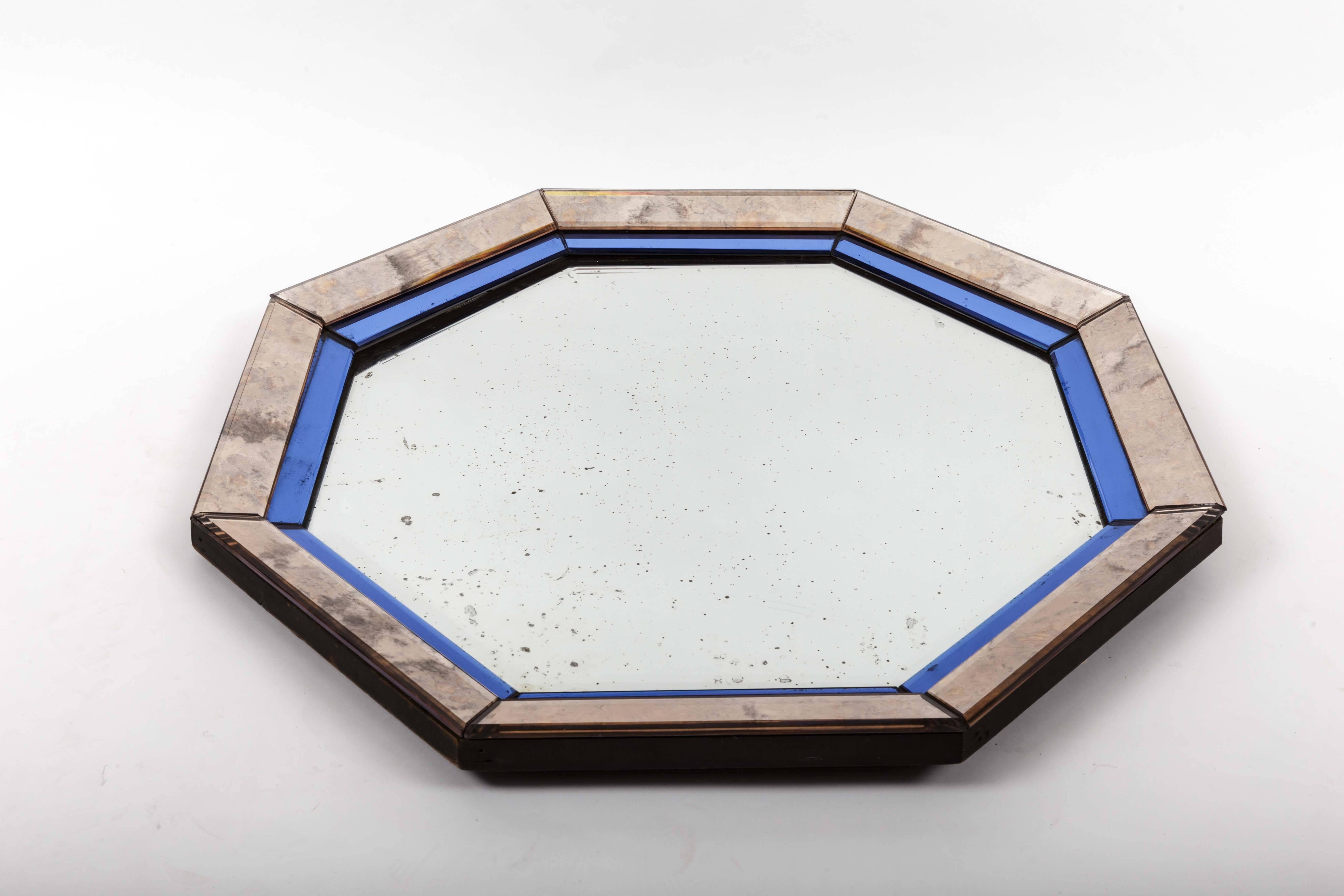 Octagonal Mirror with Blue and Antiqued Silver Frame 2