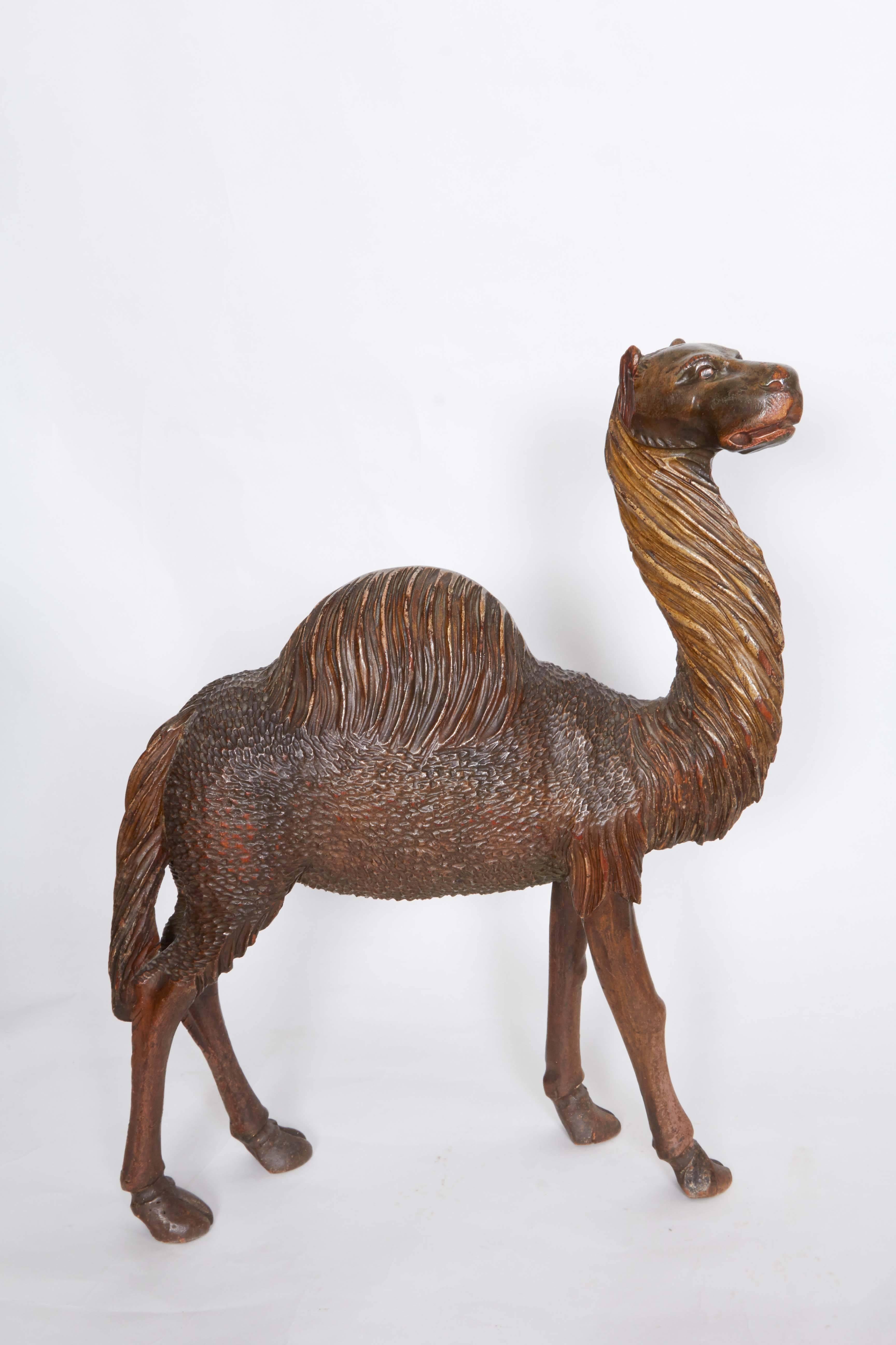 Late 19th Century Carved Wooden Camel on Stand In Good Condition In New York, NY