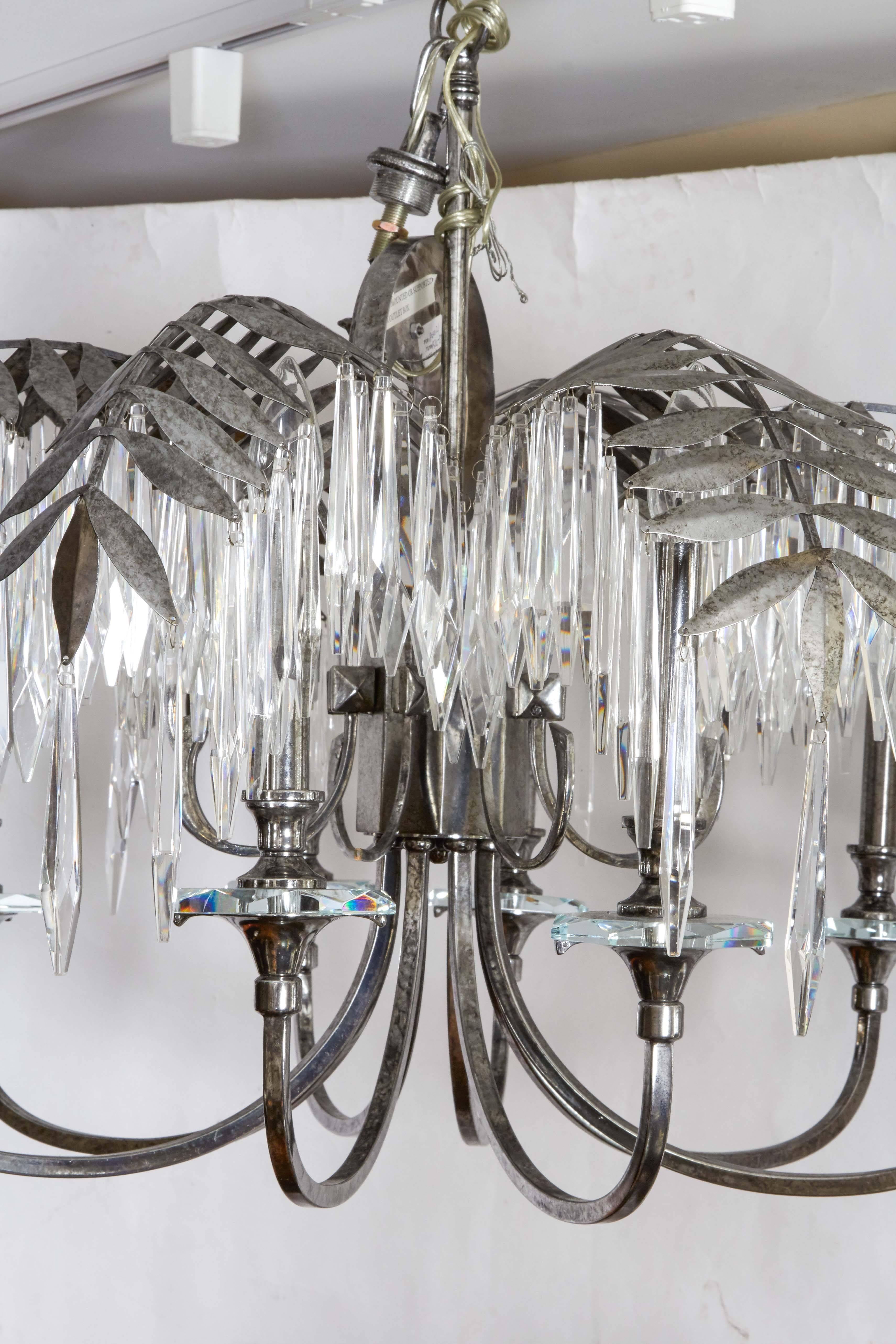 Baroque Eight-Light Silvered Metal Palm Fronde Chandelier