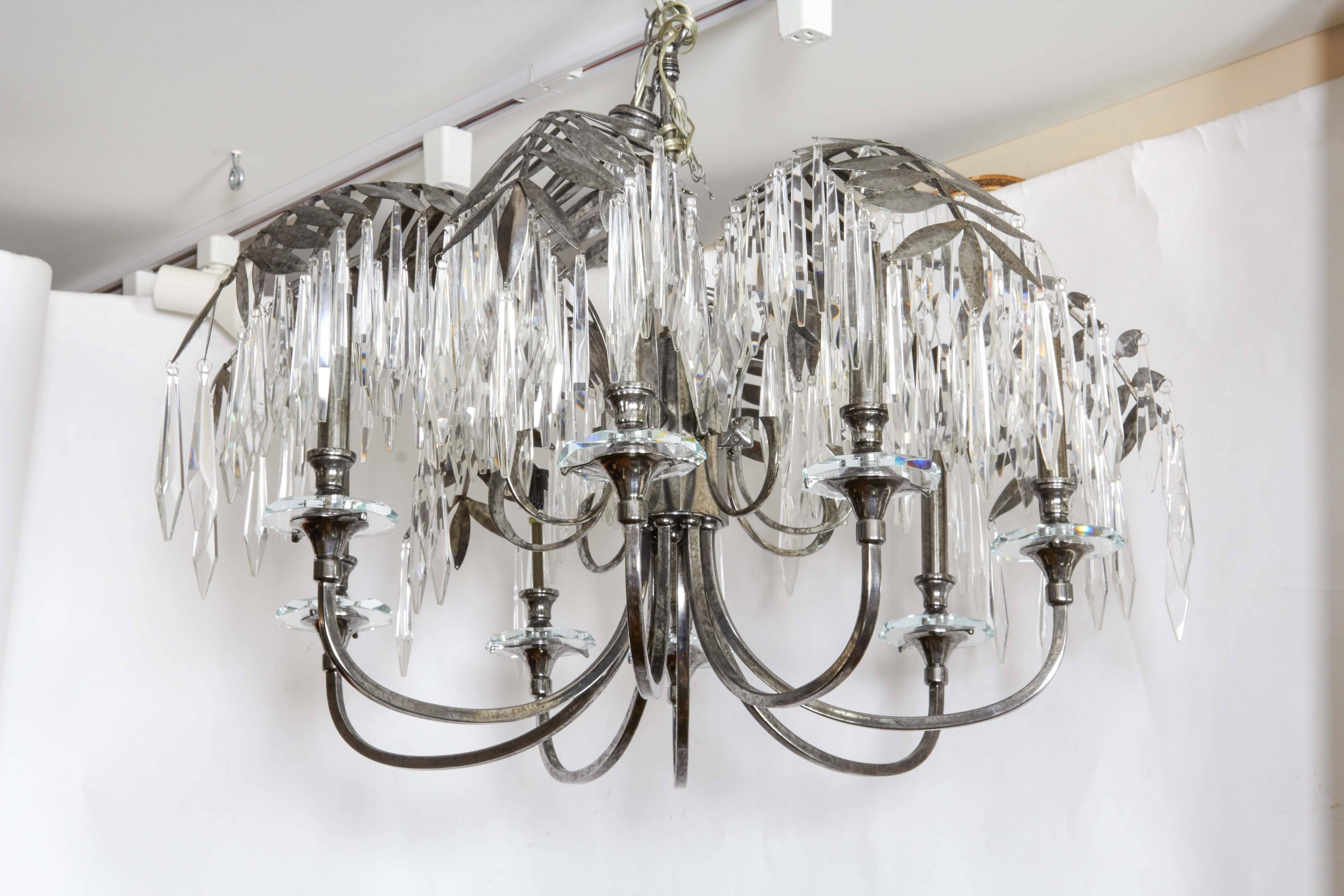 Late 20th Century Eight-Light Silvered Metal Palm Fronde Chandelier