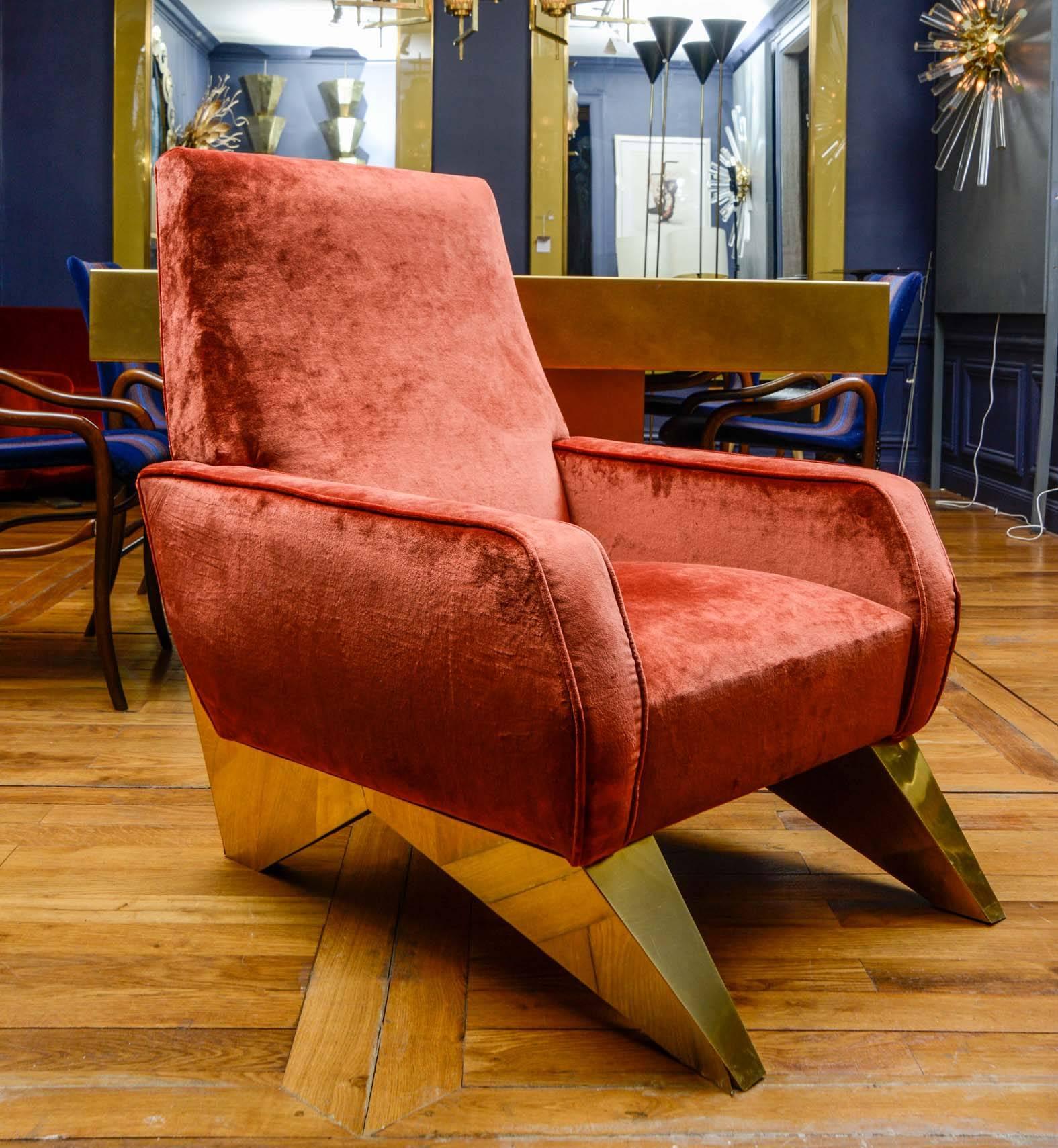 Pair of vintage armchairs with brass basement, totally restored and upholstered with cognac color velvet. Stretched velvet on back and seat.